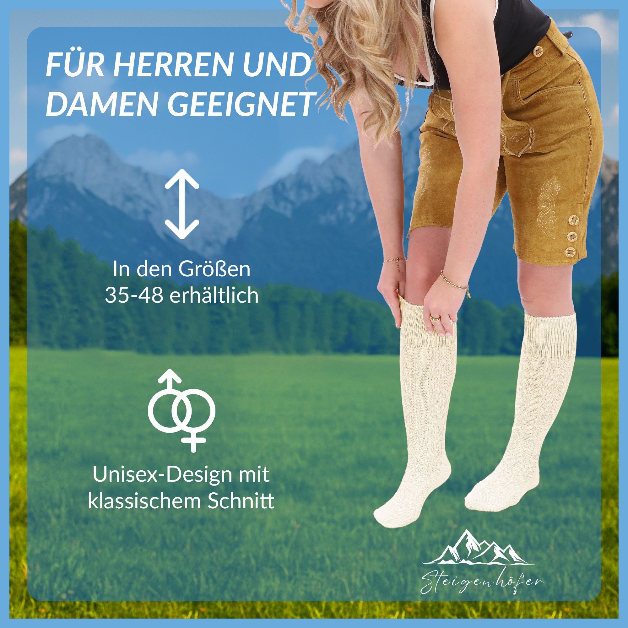 Steigenhöfer Manufaktur Trachtensocken für Herren und Damen – Socken mit Zopfmuster und Edelweißanstecker Oktoberfest Strümpfe aus Baumwolle für Männer & Frauen