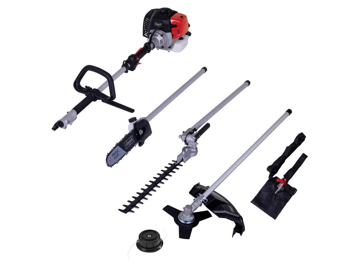 Scheppach Garten-Multifunktionsgerät MT33P, 4-in-1, Set, Multitool, Motorsense, Hochentaster, Heckenschere, Kettensäge