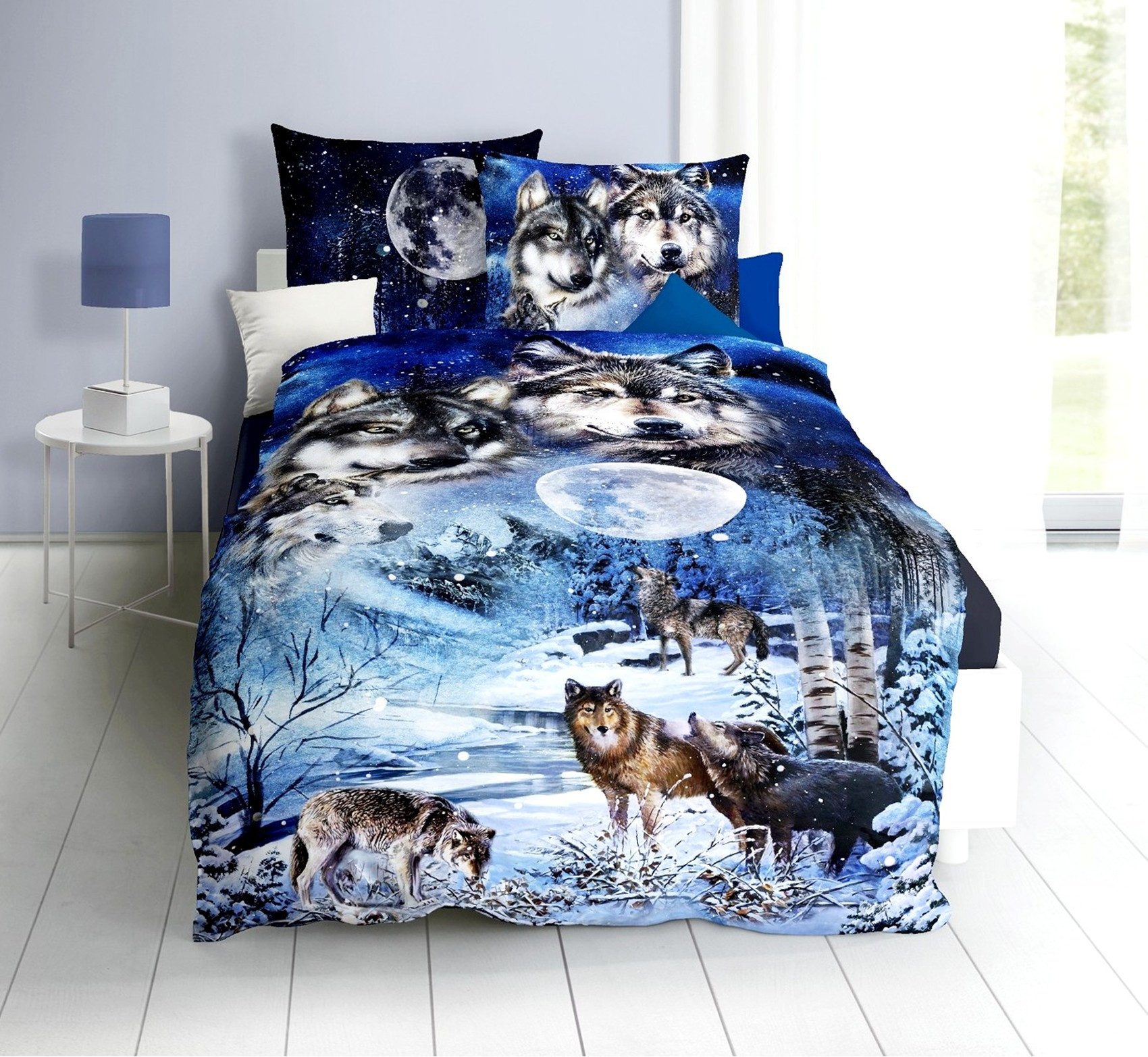 JACK Bettwäsche JACK by Kaeppel 135x200cm Wolf Wölfe Mond, Satin, 2 teilig, hochwertiger Digitaldruck mit einem eindrucksvollem Wolfmotiv