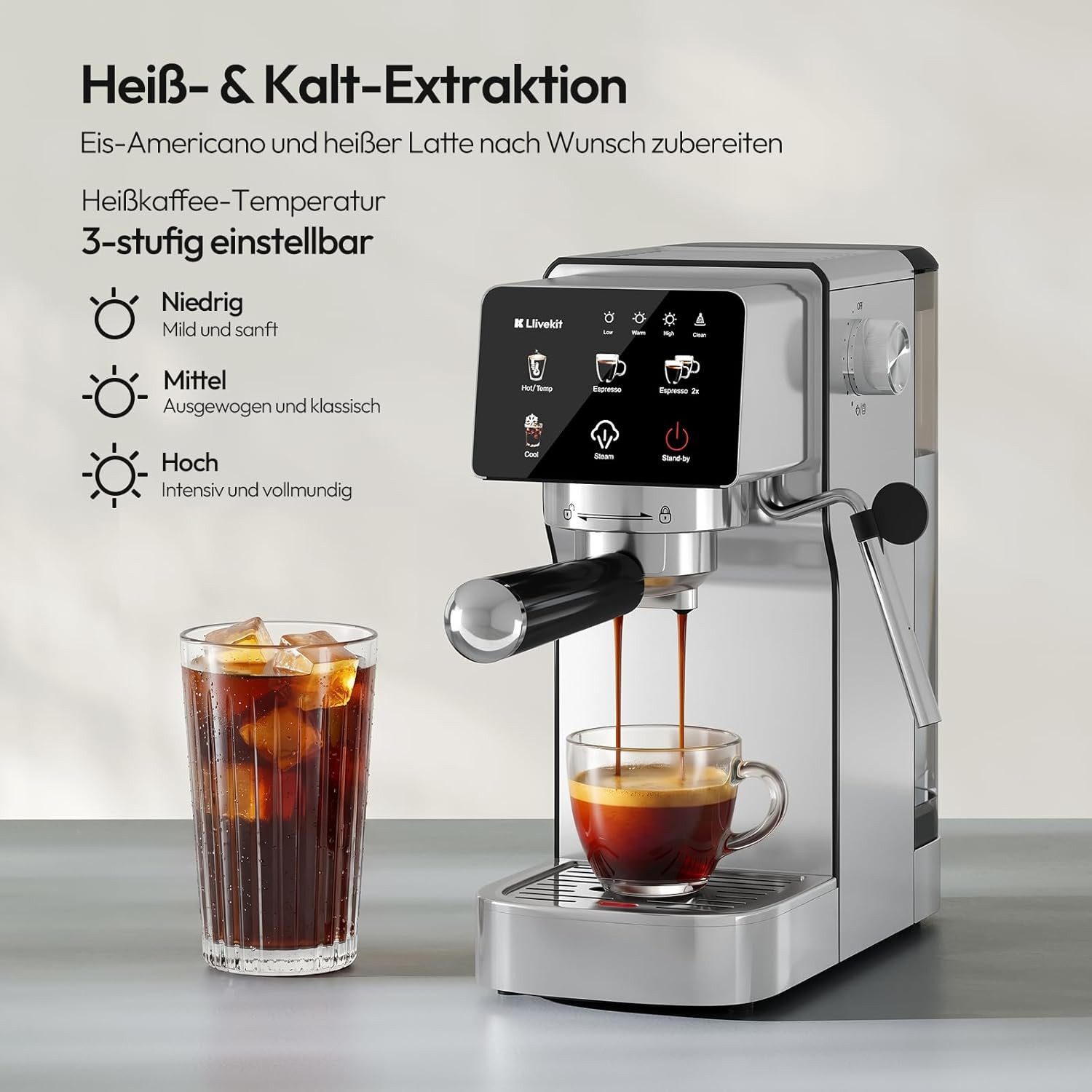 LLIVEKIT Siebträgermaschine, 20 Bar mit Milchaufschäumer, Kapsel & Kaffeepulver geeignet