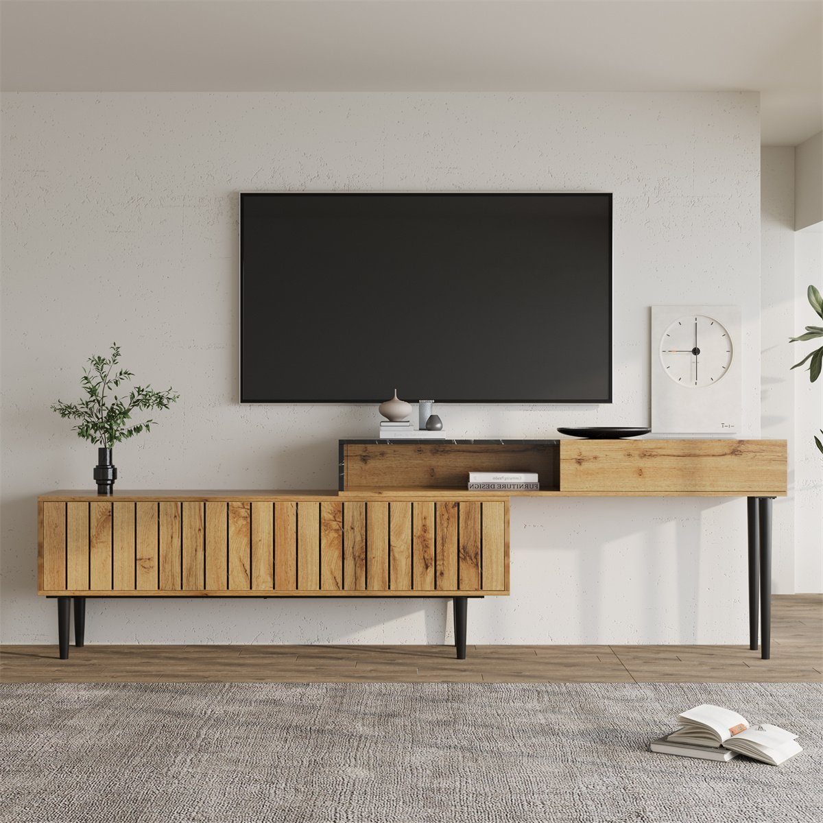 XDeer TV-Schrank Moderner TV-Ständer,Erweiterbarer TV-Schränke mit Marmor und Holzmaserungsdesign,PVC-Kante, Eisenbeinen,platzsparend,langlebig