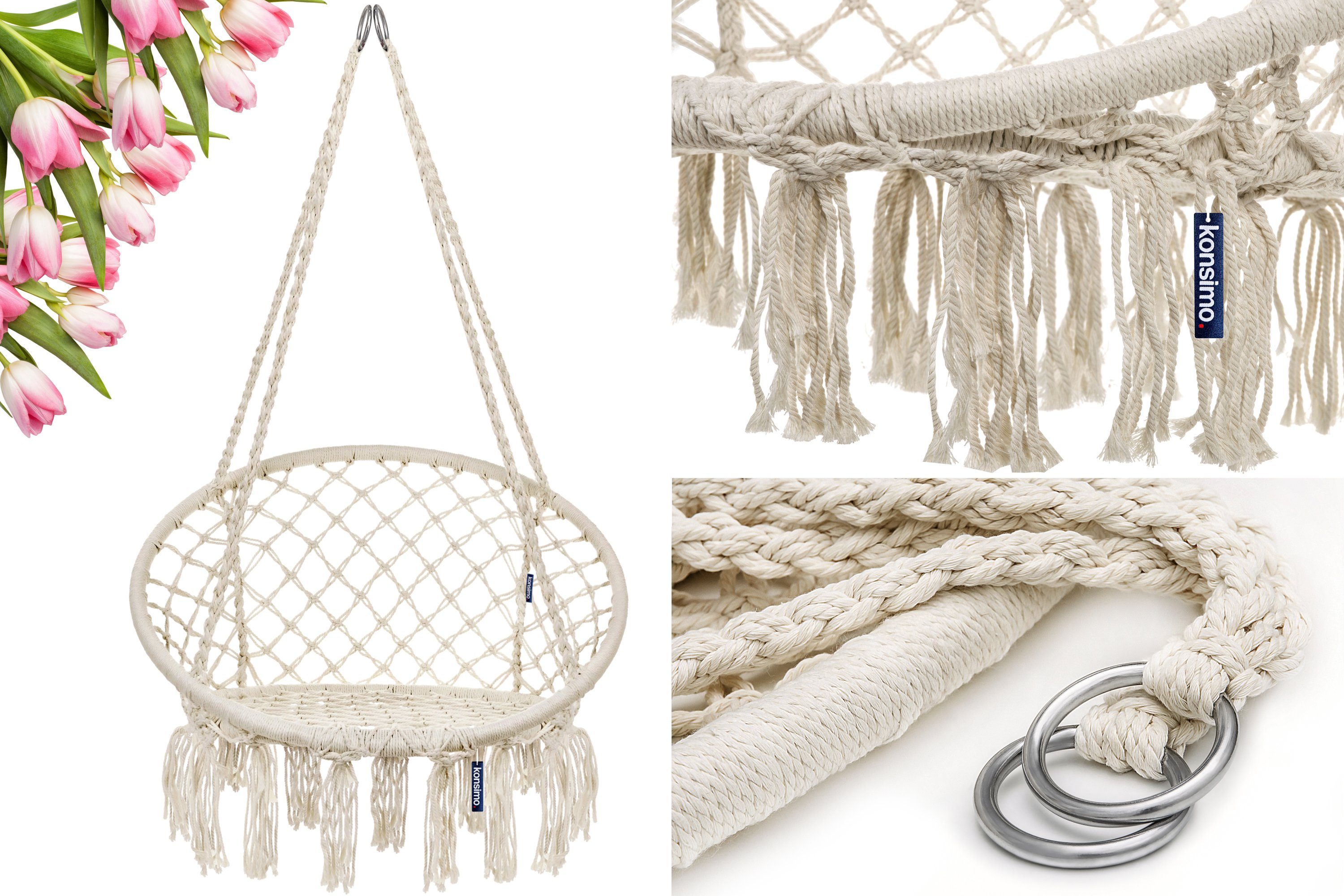 QLS Hängesessel Boho-Stil Mit 2 Kissen - Gemütlicher Hängestuhl Für Garten & Balkon