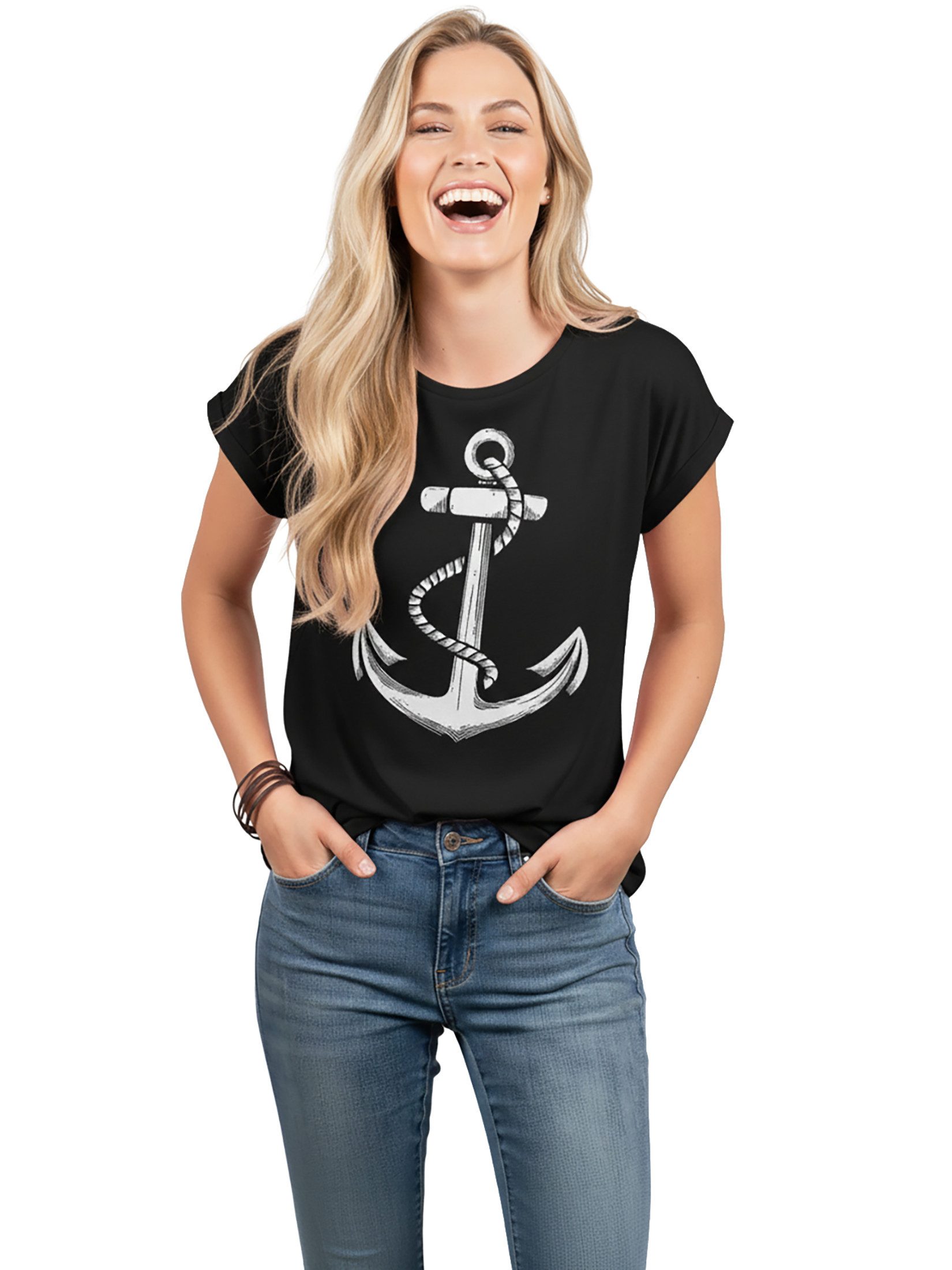 MAKAYA Print-Shirt Damen Anker Motiv Sommer Top Maritime Frauen Oberteile Tunika (Kurzarm, Rundhals, blau, grau, rosa, schwarz) aus Baumwolle