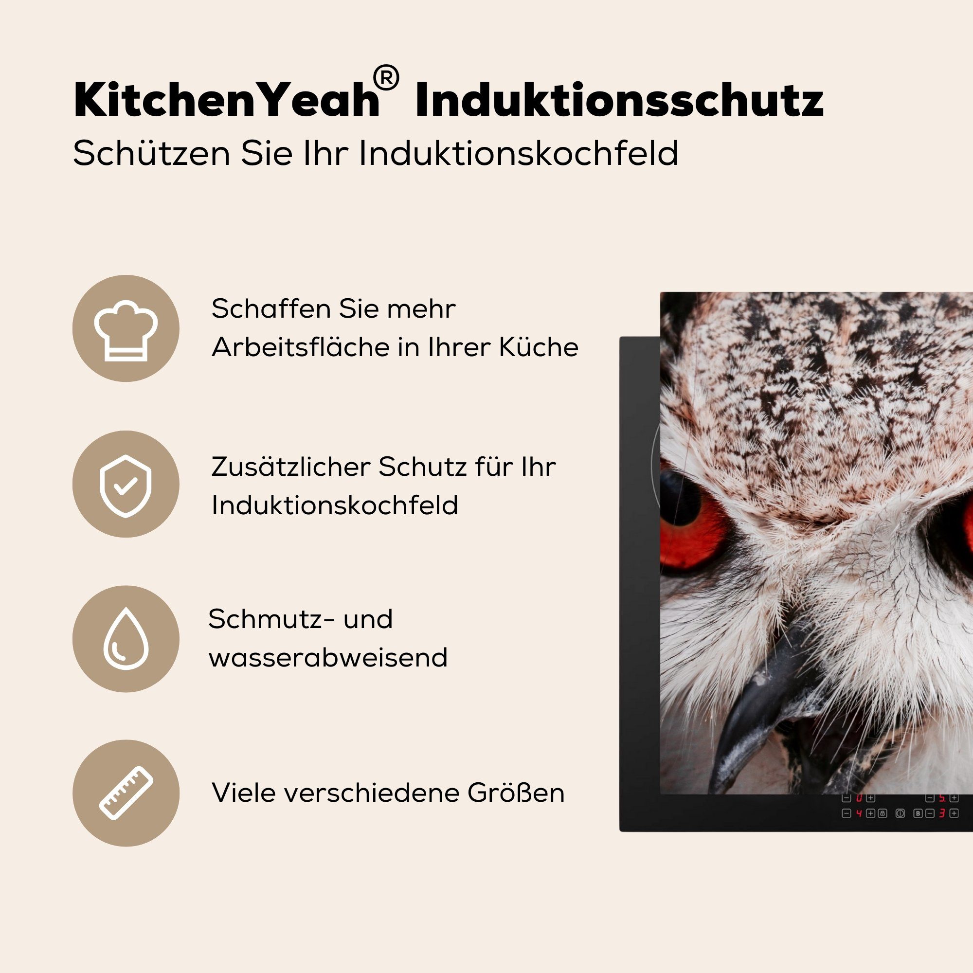 MuchoWow Herdblende-/Abdeckplatte Vogel - 81x52 Ceranfeldabdeckung für - küche, Schutz Vinyl, Induktionskochfeld Eule cm, (1 die Waldkauz, tlg)