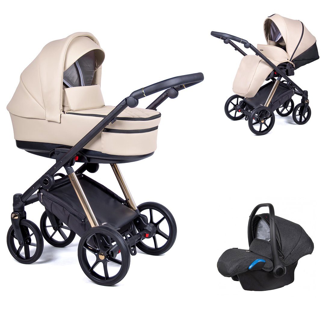 babies-on-wheels Kombi-Kinderwagen 3 in 1 Kinderwagen-Set Axxis Premium - 15 Teile - in 12 Designs Creme = Gestell gold | Kombikinderwagen