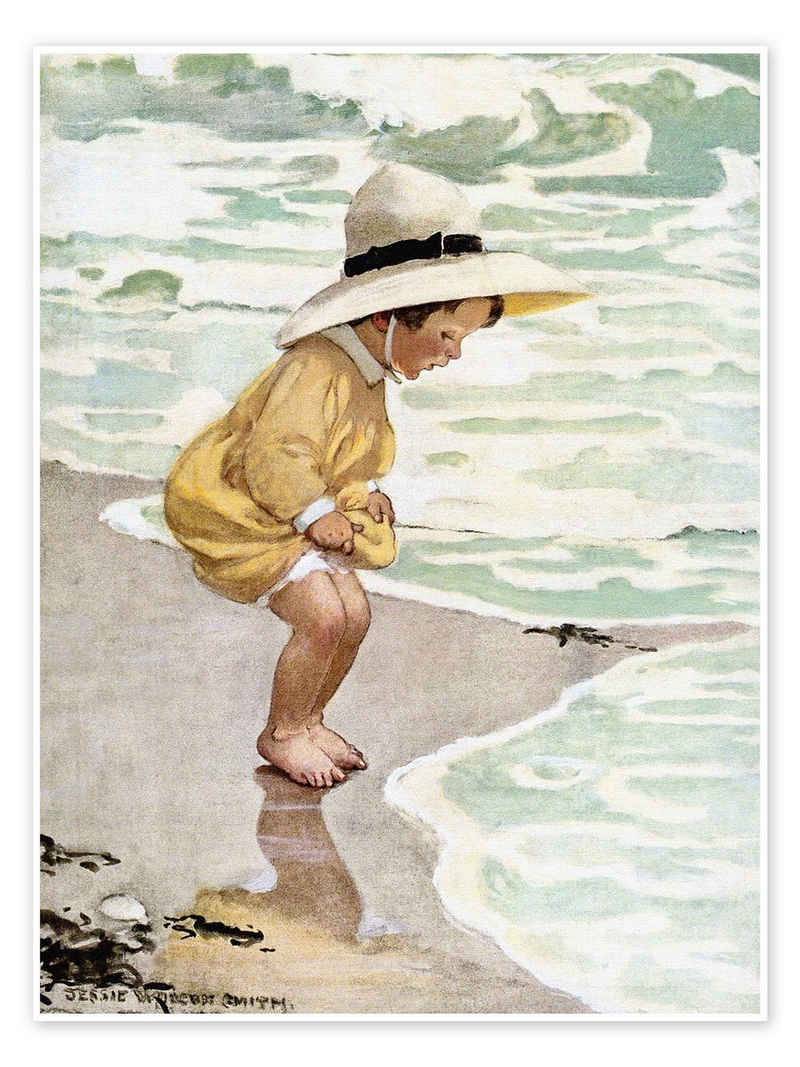 Posterlounge Poster Jessie Willcox Smith, Ein kleines Mädchen spielt in den Wellen, Badezimmer Maritim Illustration