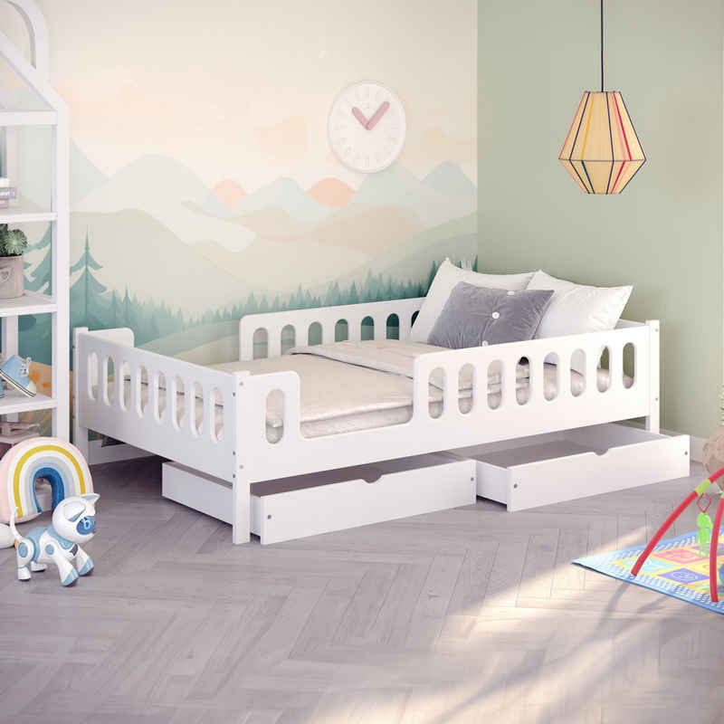CADANI Kinderbett LARS 200x90 cm - Weiß 120x200 cm mit Schublade ohne Matratze (abnehmbarer Rausfallschutz), Bodenbett, einfache Montage, integrierter Lattenrost, Montessori