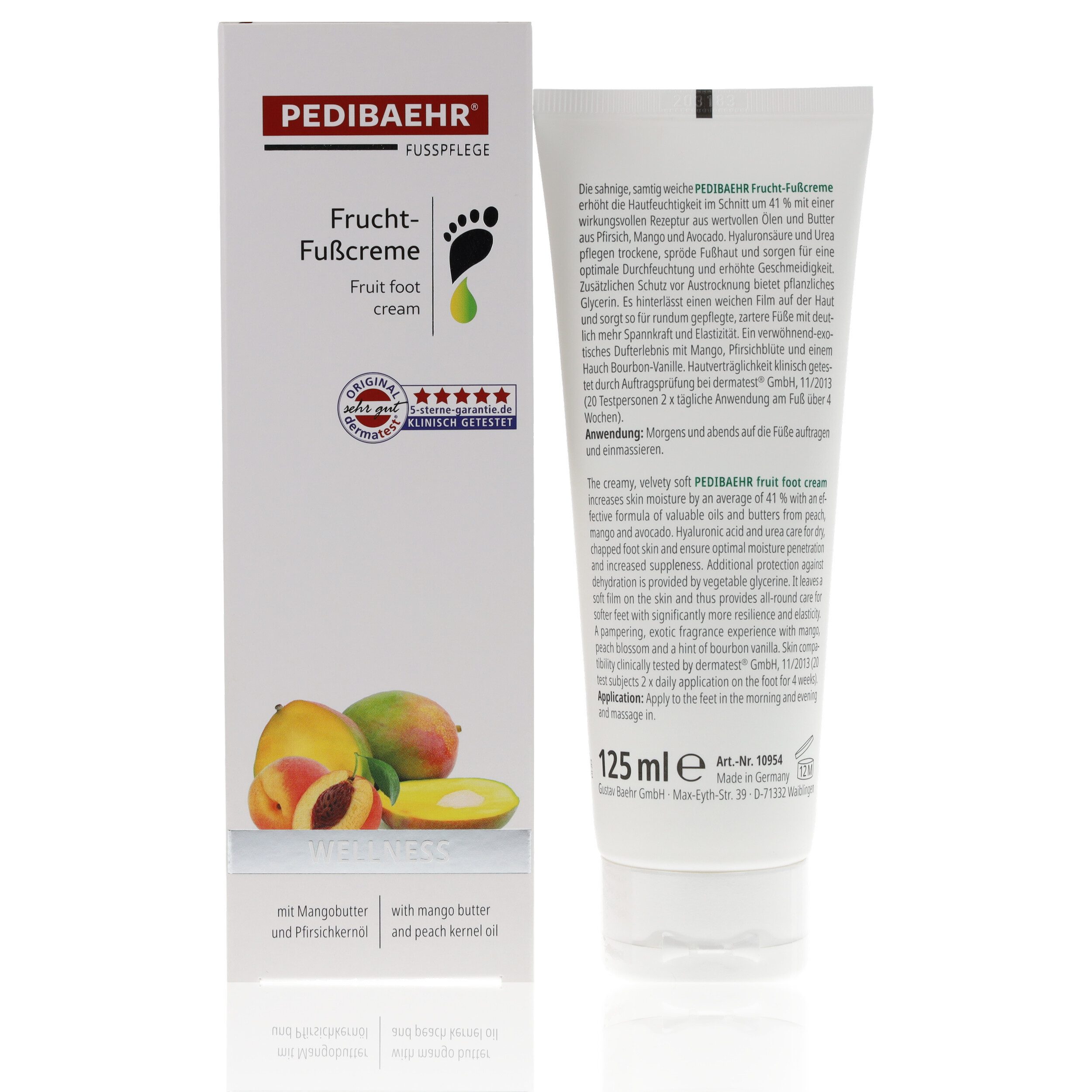 Pedibaehr Fußcreme Pedibaehr Frucht-Fußcreme 125ml exotisches Dufterlebnis, 1-tlg., mit wertvollen Ölen und Butter aus Pfirsich, Mango & Avocado