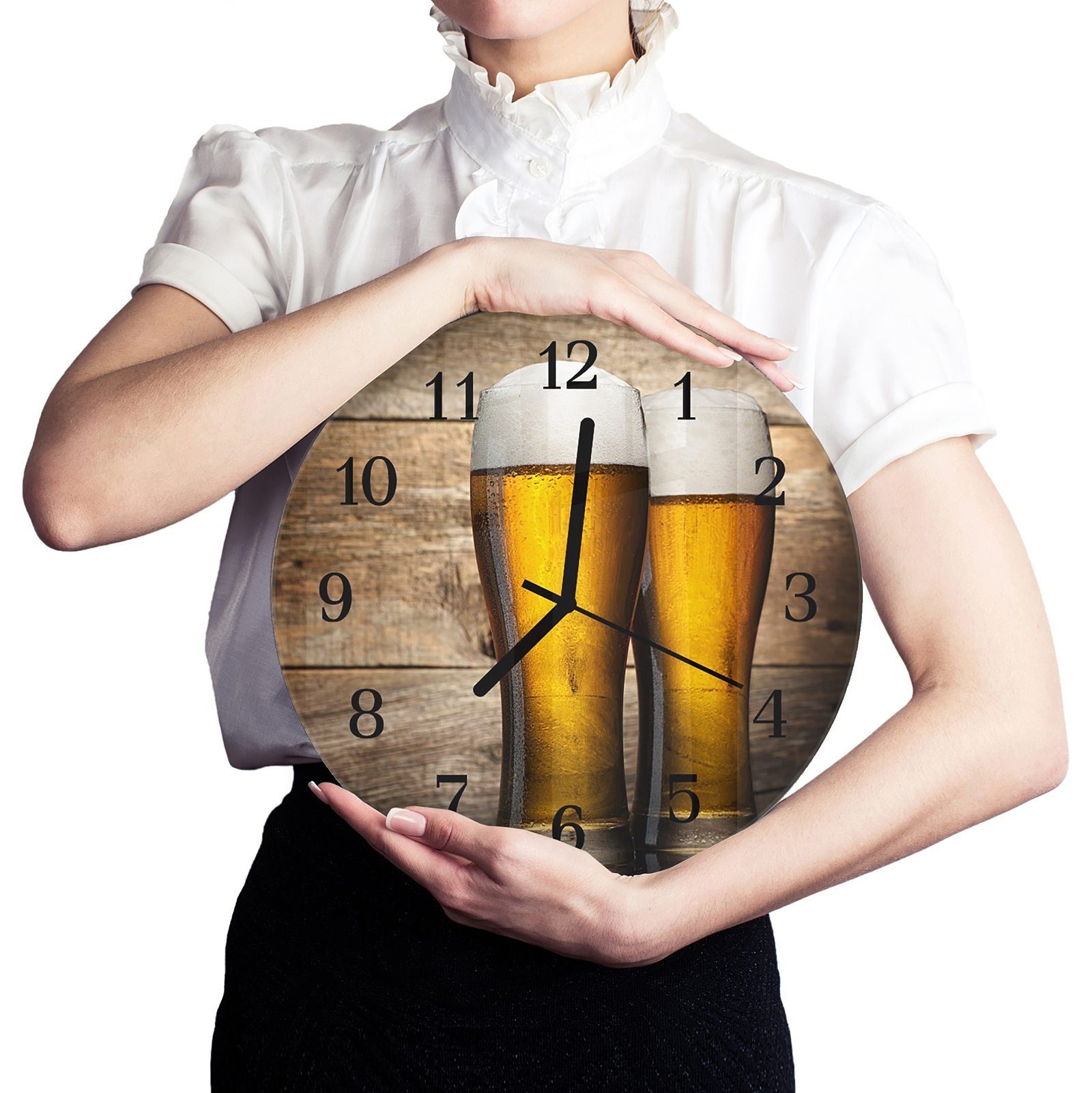 mit Glas Primedeco und Wanduhr 30 mit vor Wanduhr Quarzuhrwerk Holzwand Rund cm Durchmesser Motiv - Bierg aus