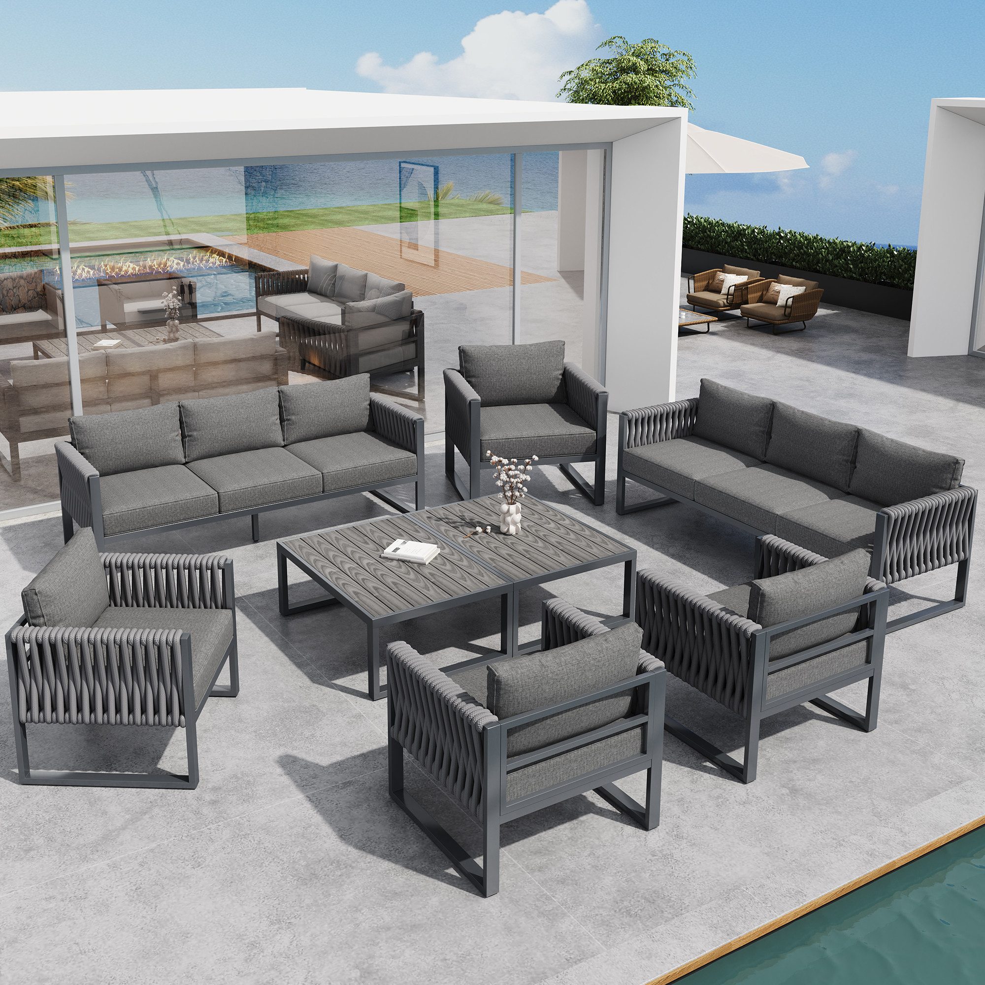 Celya Gartenlounge-Set Gartenmöbel Set Outdoor Sofa mit Verstellbaren Füßen, (für Balkon Terrasse,Grau), Gartenlounge-Set 10-Sitzer, Polstern und Rostfreiem Metallgestell