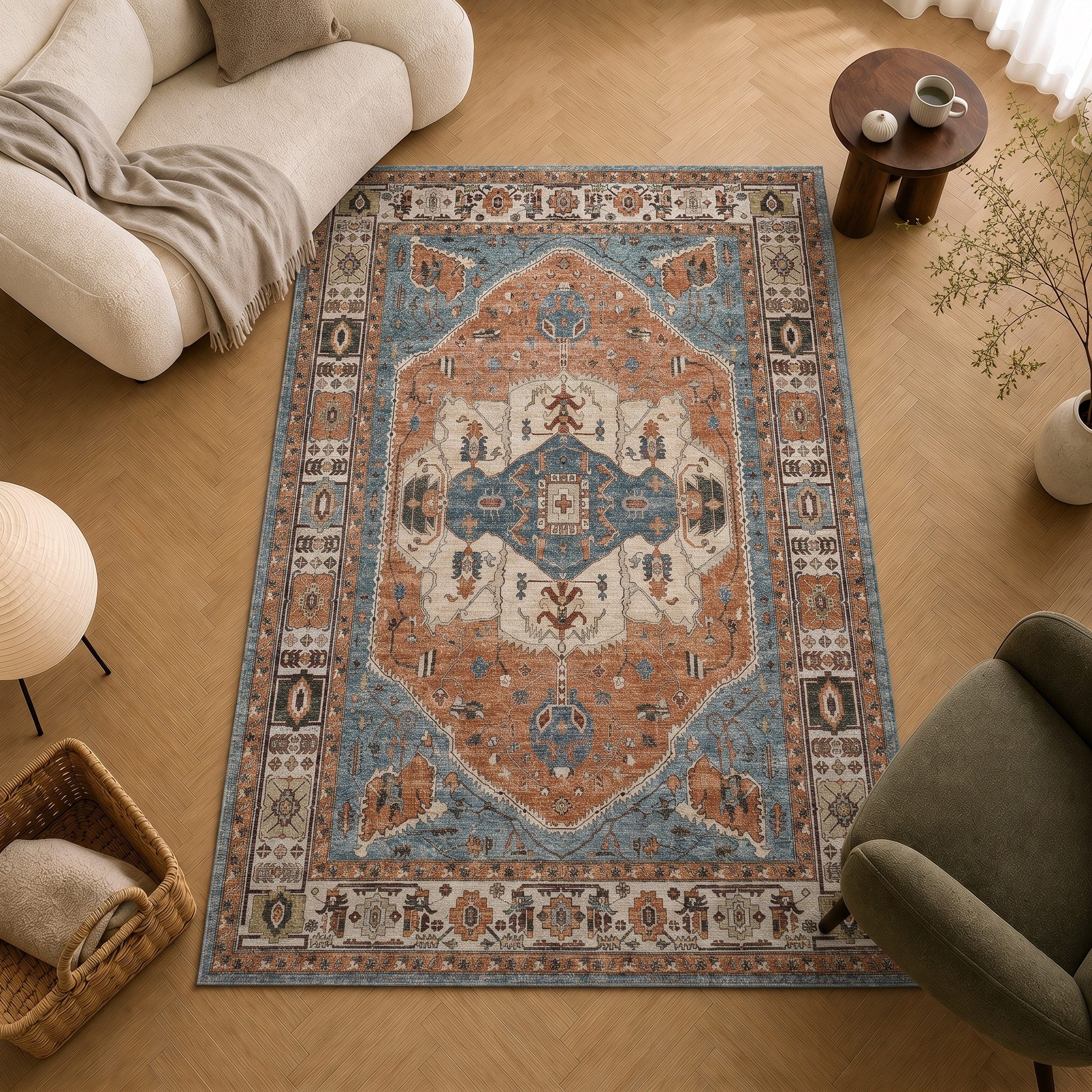 AYDIN Orientteppich Mandala Vintage-Teppich 120 x 170 cm, Blau-Terrakotta, waschbarr, 3 mm, Rechteckig, Höhe: 0.30 mm