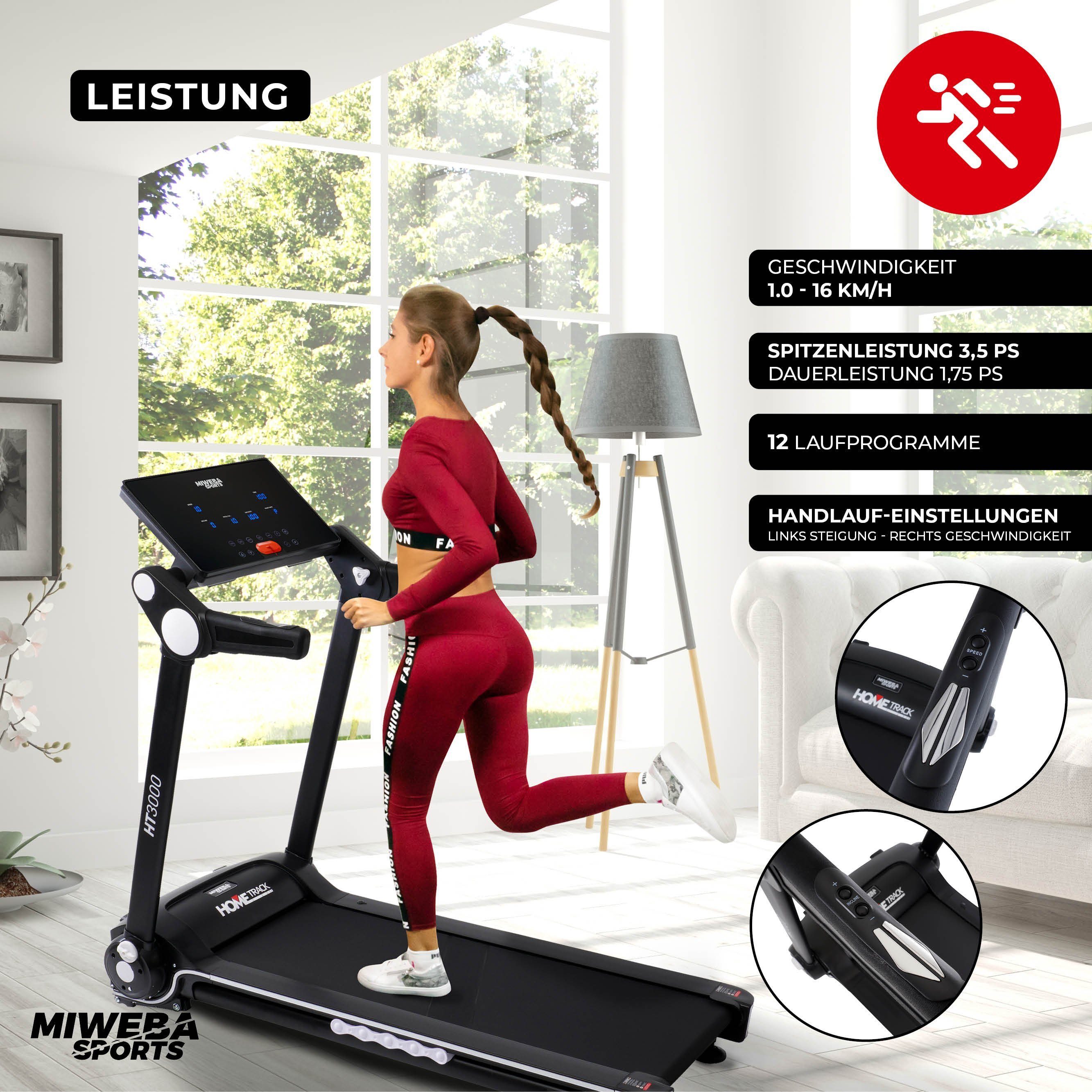 Workout, Handy/-Tablethalterung, Heimtrainer, Sportgeräte kg LCD-Display, große Zuhause Programme, Laufprogramme, Speedrunner, W, 120 mit Bluetooth, 2 - Laufband HT3000 Sports Quick-Speed % 1-tlg., 16 Fitness, Pulsmesser, Fitnessgerät, 15 Fitshow-App, Transportrollen), Traglast, Klemme, (Treadmill, für 12 Safety-Key - - Miweba Trainingsgerät, elektrisch Steigung Fitnessgeräte Sportgerät km/h Lauffläche, USB, klappbar Profi 1300