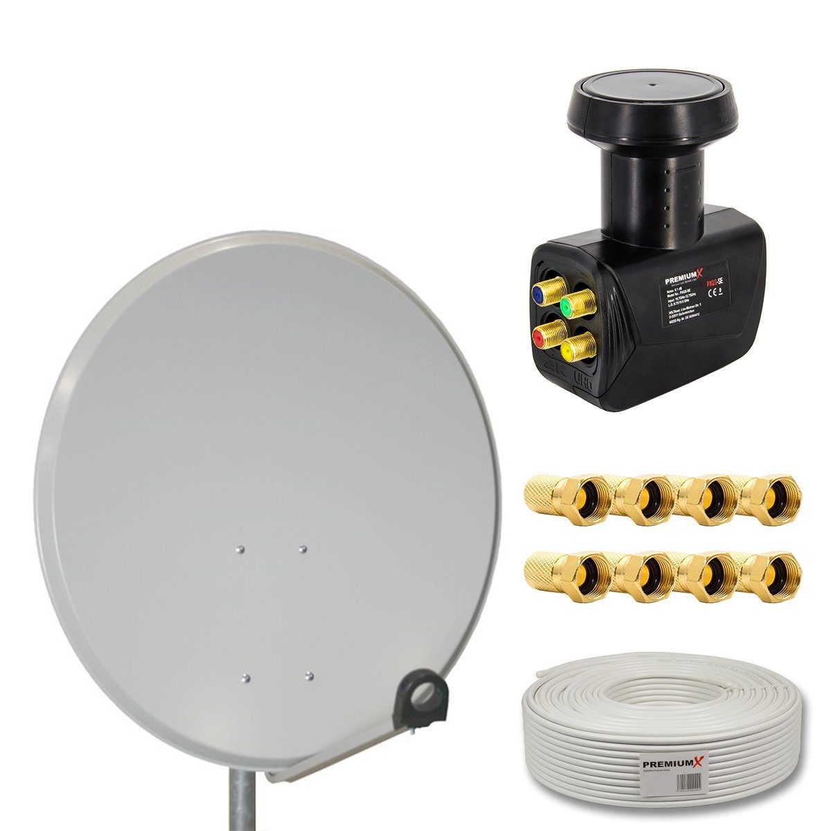 PremiumX SAT Anlage 80cm Antenne Quad LNB 10m Kabel 8x F-Stecker SAT-Antenne | Satellitenschüsseln