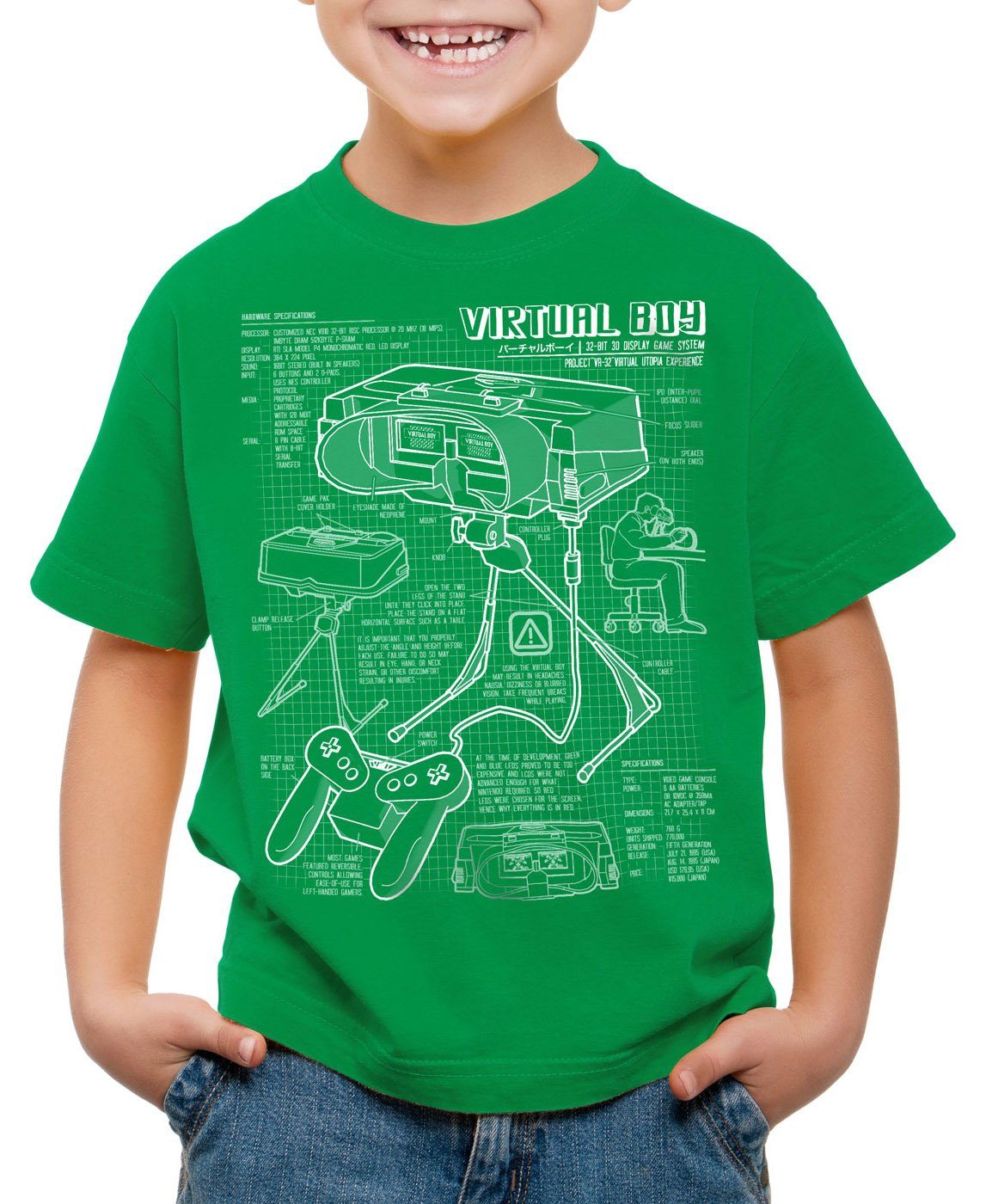 style3 Print-Shirt Kinder T-Shirt Virtual Boy Blaupause 32-Bit videospiel controller grün