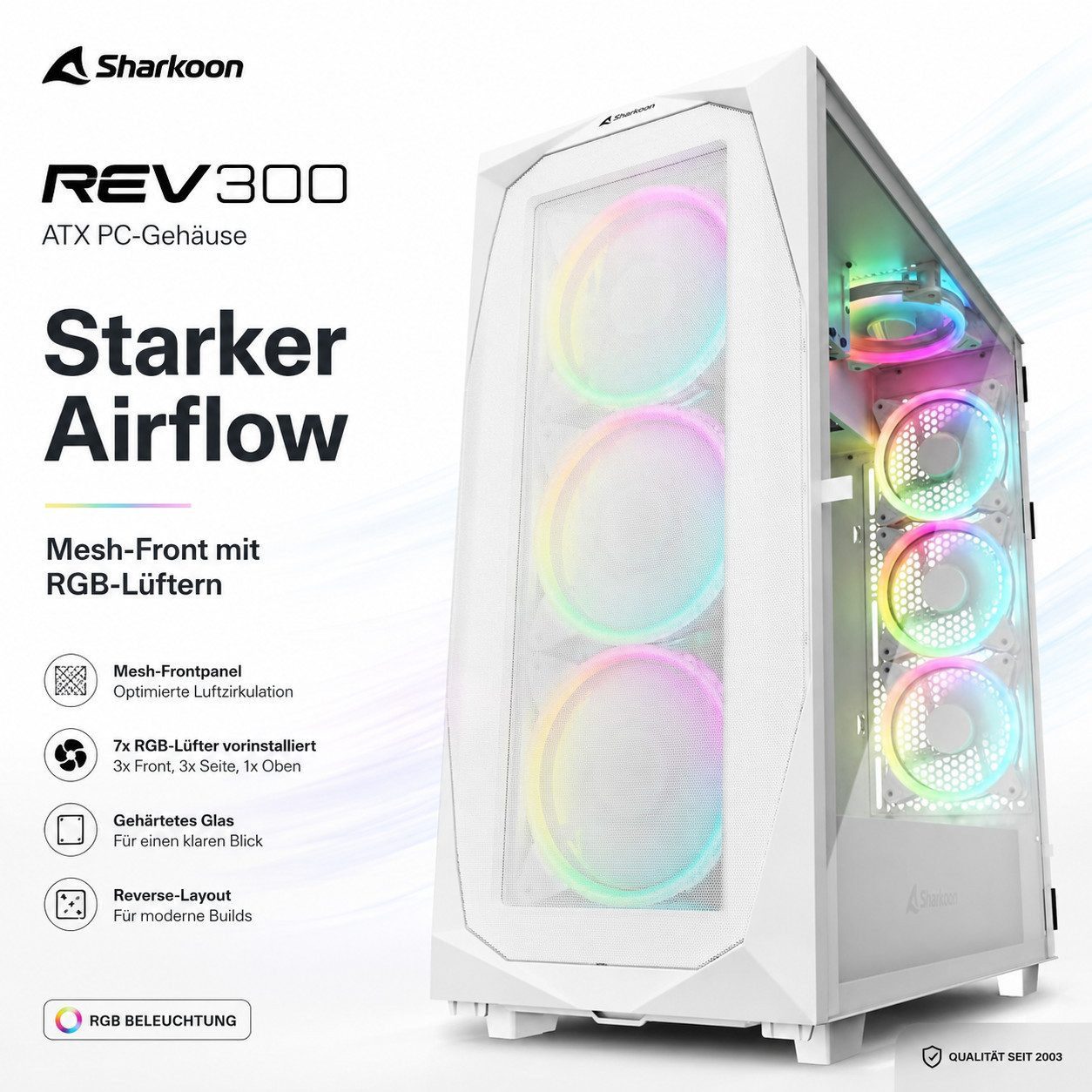 Sharkoon PC-Gehäuse REV300 RGB ATX Gaming PC Gehäuse Computer Tower Computergehäuse, RGB Gaming Gehäuse Computergehäuse Micro PC Computer Gaming Tower
