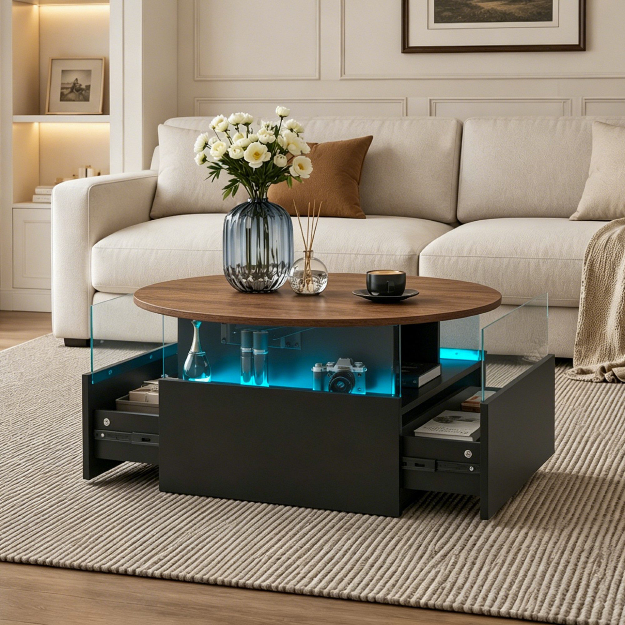 radelldar Couchtisch mit LED Beleuchtung, höhenverstellbarer Wohnzimmertisch, 78x78x40cm (1-St., 1 Tisch), höhenverstellbarer