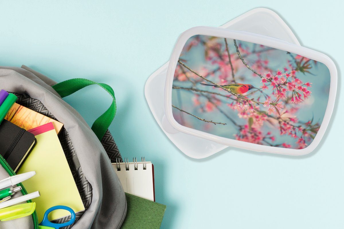 MuchoWow Lunchbox Vogel - Kinder weiß und Mädchen Brotdose, für - Brotbox für Jungs Sakura Erwachsene, (2-tlg), Farben, und Kunststoff