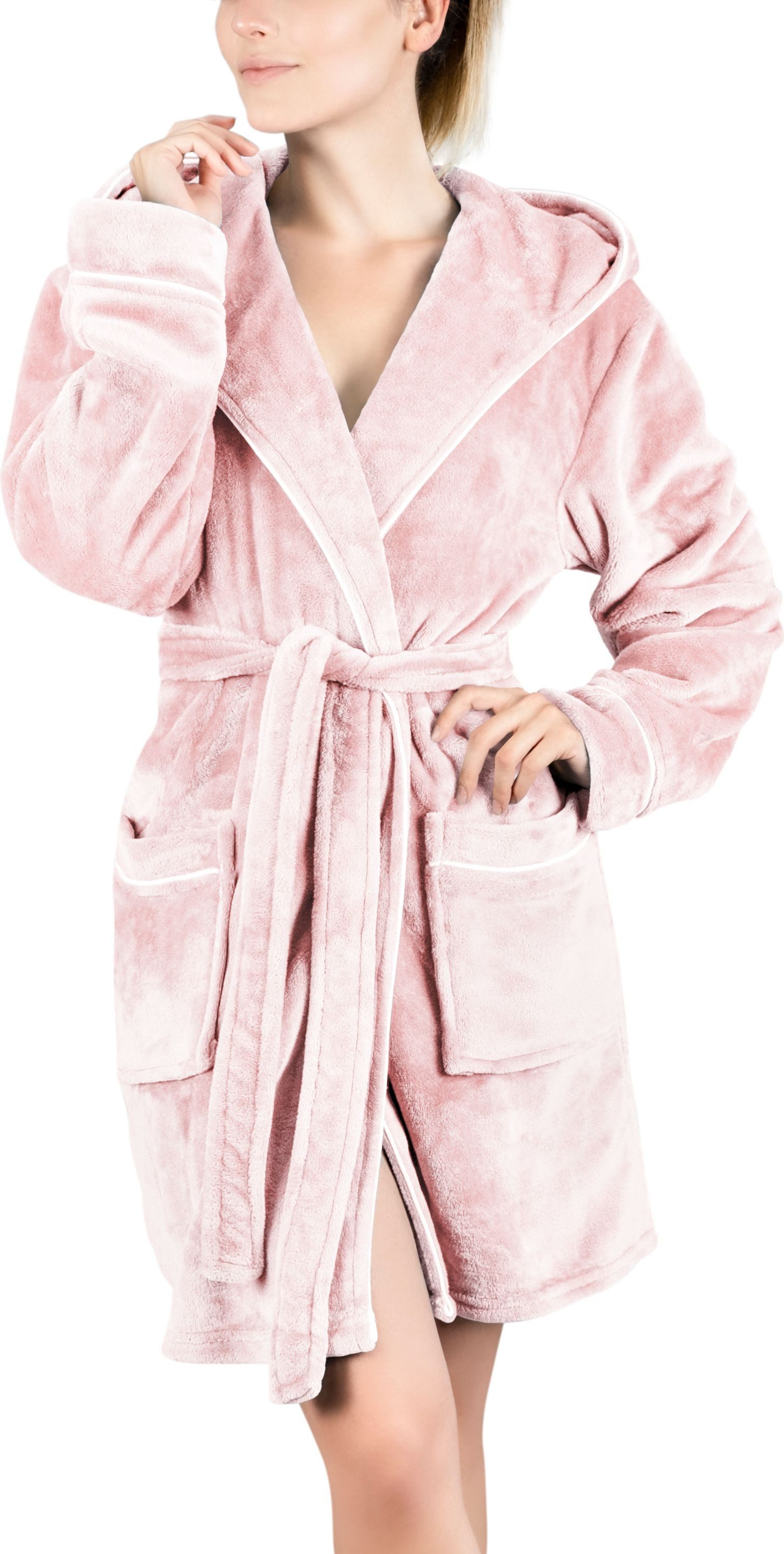 Gräfenstayn Damenbademantel Bademantel Damen flauschig Kapuze Kuschelfleece leicht kurz, warm & kuschelig, Knielang, Fronttaschen, Gürtel, S-XXL