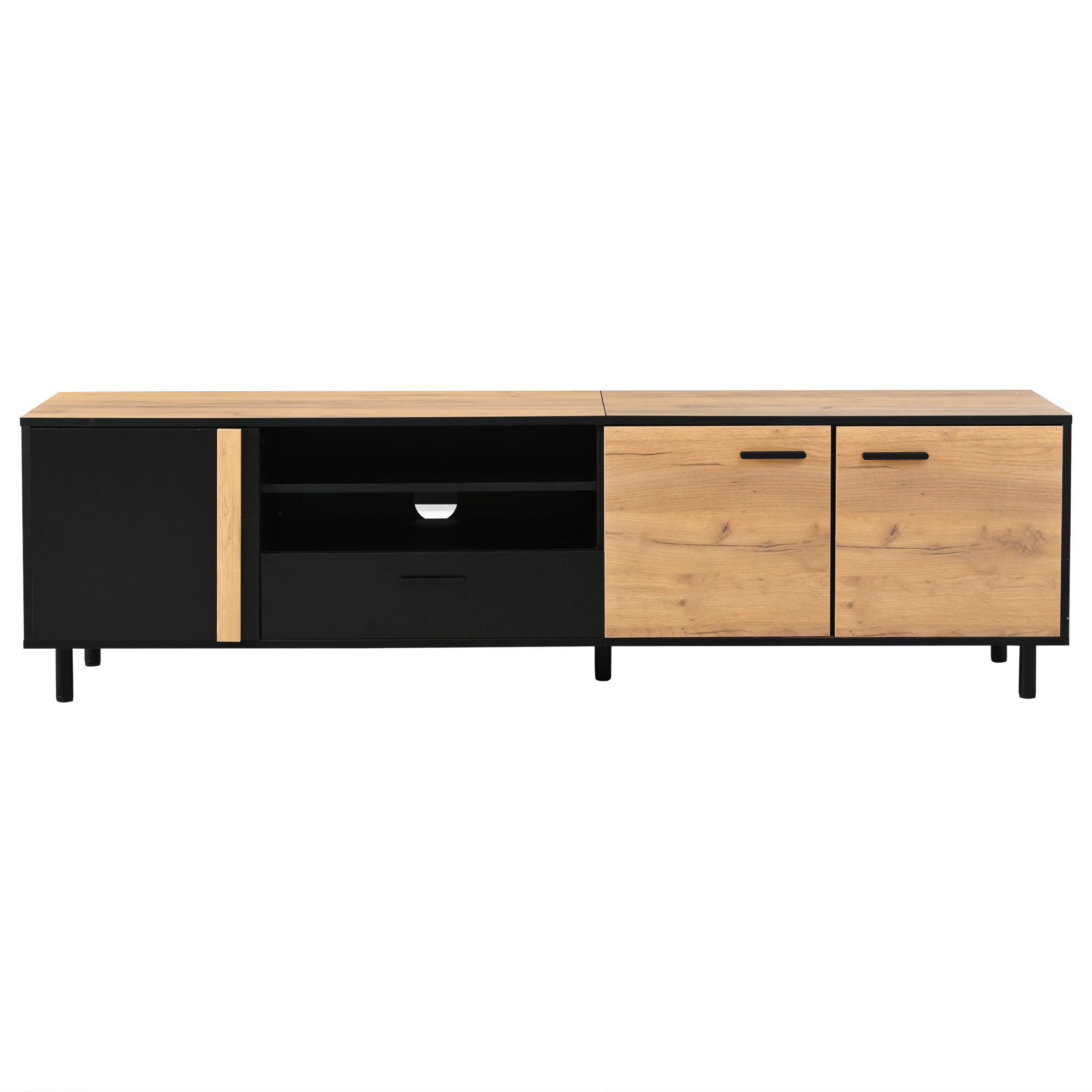 KLAM HOME Lowboard TV-Schrank mit 3 Schränken 1 Schublade 5 Stützbeinen (Holzoptik Schwarz Stauraum Wohnzimmer TV-Ständer), Lowboard TV-Konsole 180x32,5x50cm bi – Bild 2 von 5
