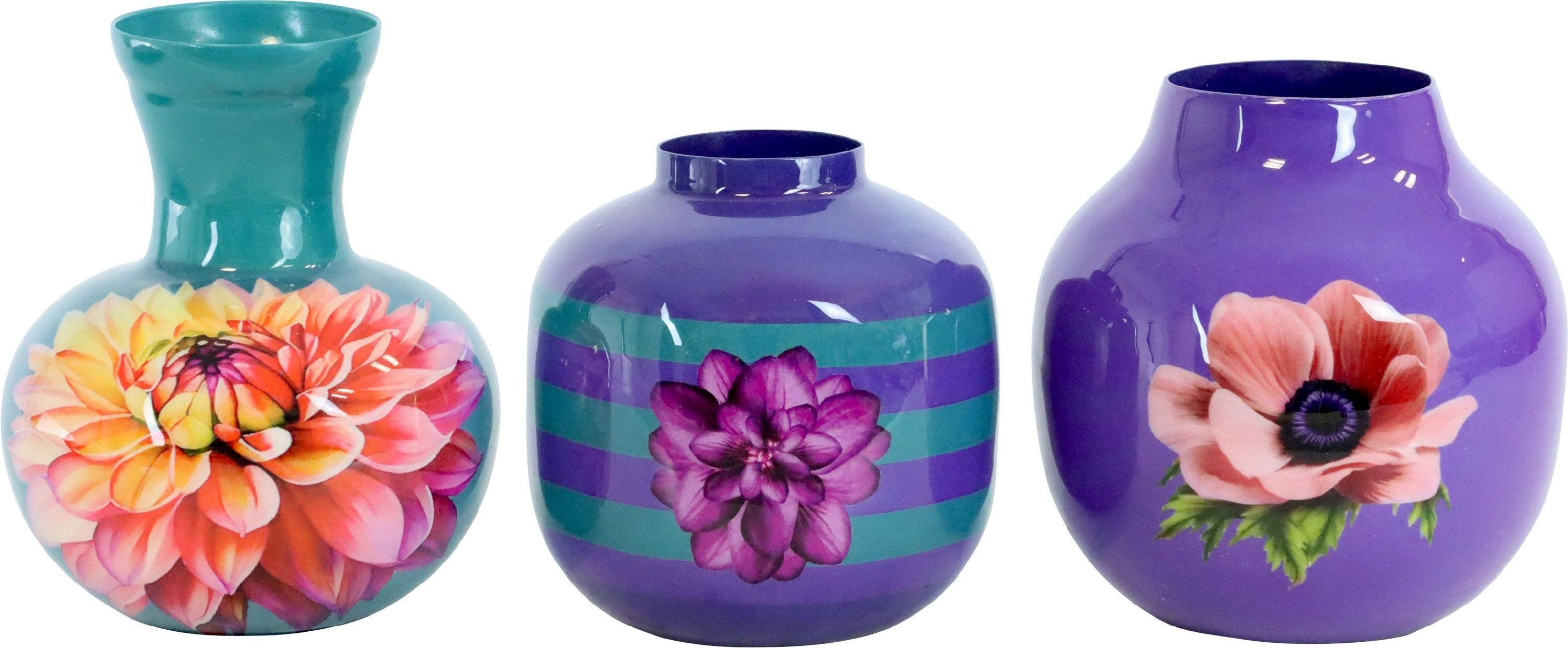 FURNARO Dekovase Blossom (3 St), Drei Vasen in Blautönen mit floralem Muster im eleganten Set