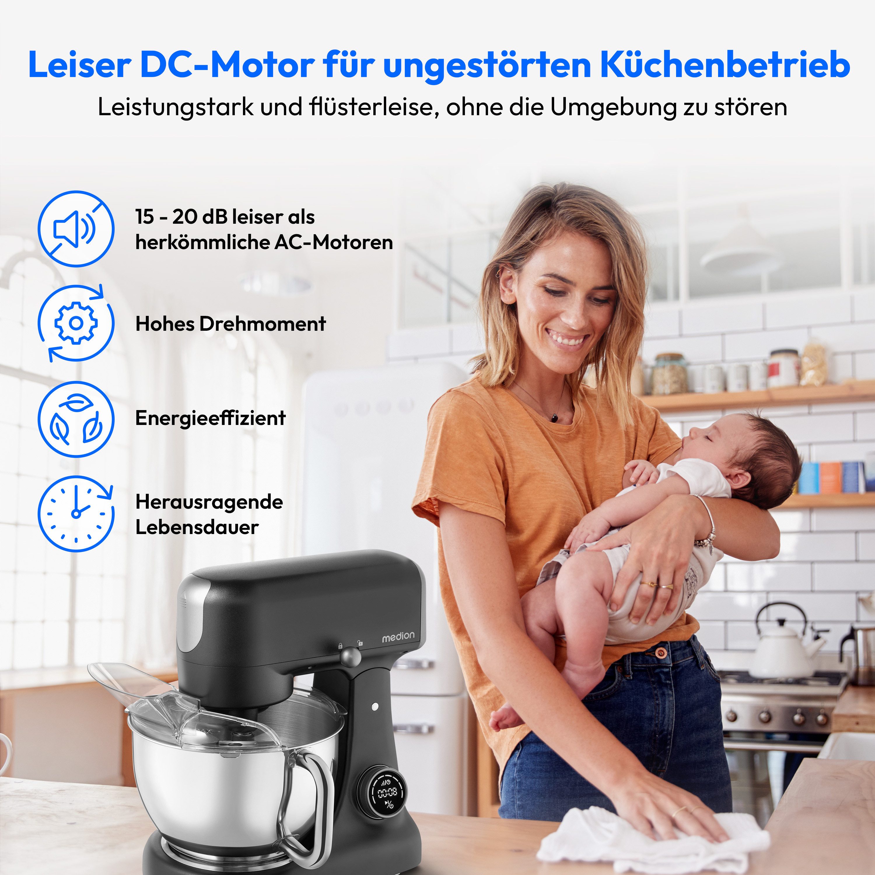 Medion® Küchenmaschine MD12600, Ultraleiser 800 W Gleichstrom-Motor, 800 W, 4,7 l Schüssel, Mit umfangreichem Zubehör-Set, Fleischwolf-Aufsatz, Gemüsereibe