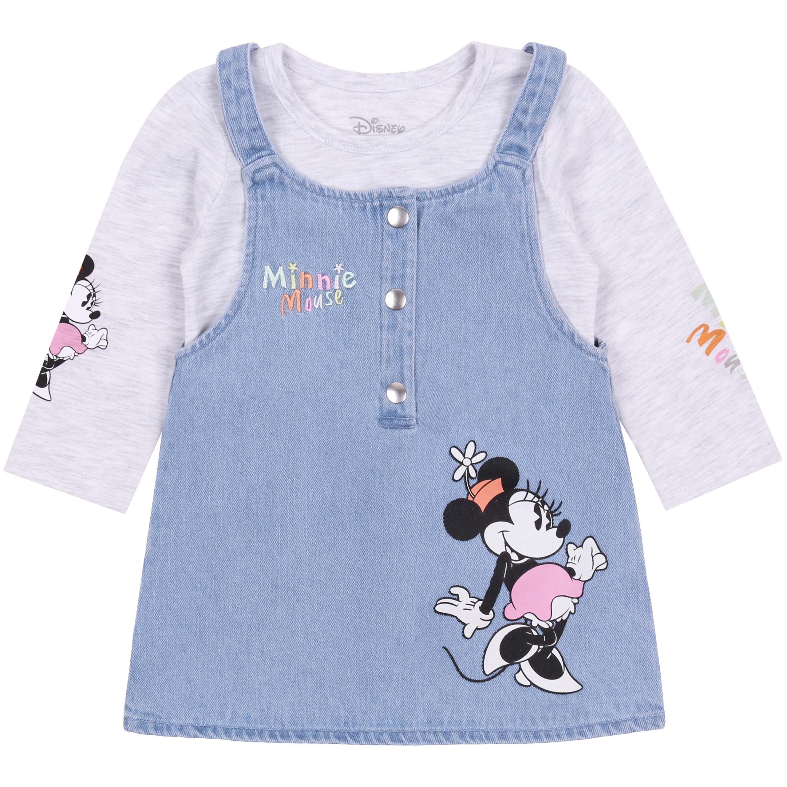 Maus Jeanslatzhose Babyset Jeanslatzkleid + Bluse + Strumpfhose Minnie Maus 9-12 Monate