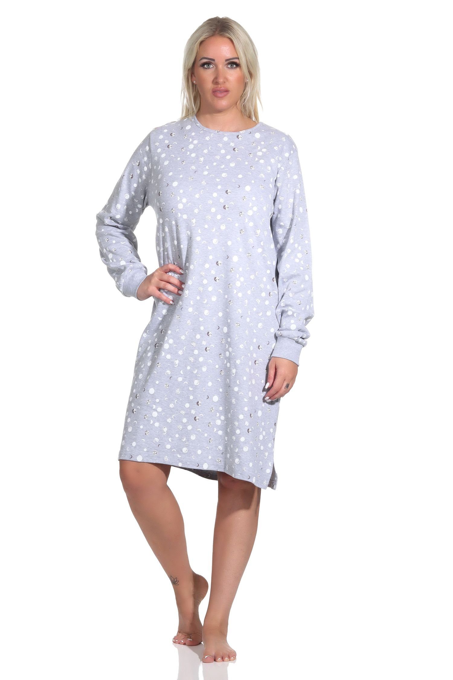 Normann Nachthemd Damen langarm Interlock mit Kuschel Bündchen Nachthemd grau-melange Qualität in
