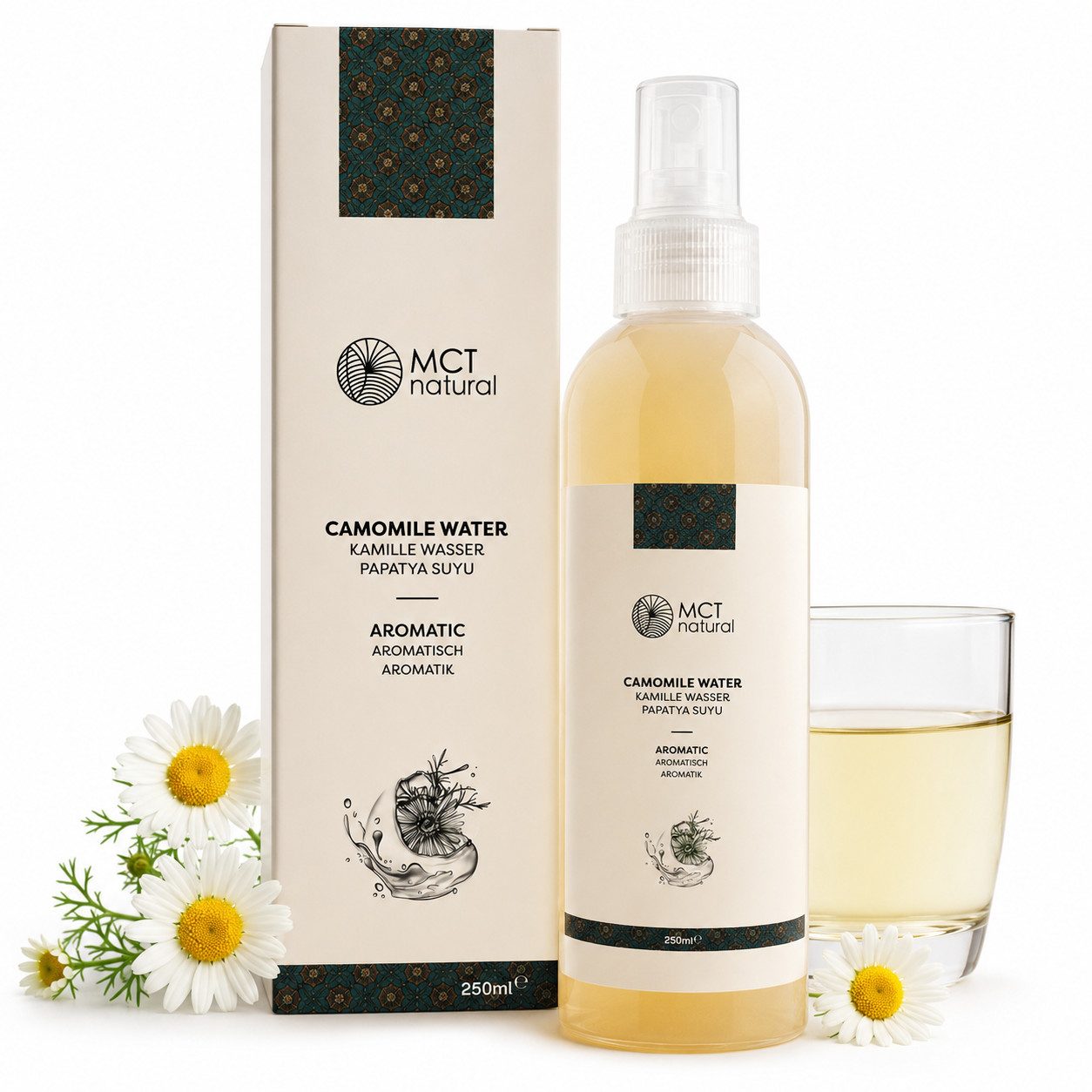 MCT natural Trinkwasser Blütenwasser 250 ml – Rose, Lavendel oder Kamille – für Lebensmittel