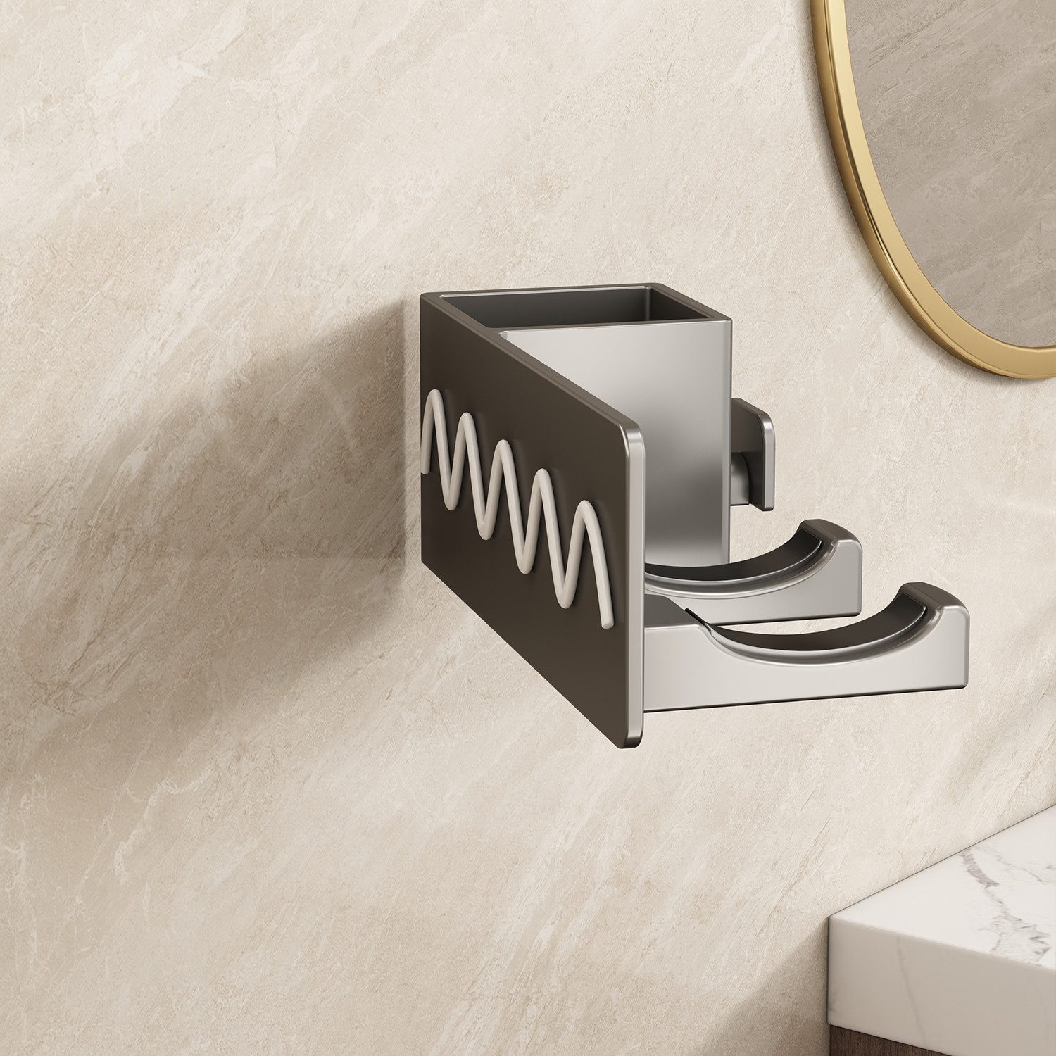 Refined Living Haartrocknerhalter Organizer für Haartrockner, Wandhalterung Haartrockner Halterung, (Haartrocknerhalter, Praktisches Wandregal für Föhn-Badezimmer Aufbewahrung, mit Großem Stauraum Aluminium, Rutschfeste Halterung,Ohne Bohren)