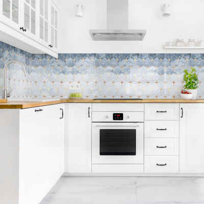 Bilderdepot24 Küchenrückwand gold dekor Abstrakt Aquarell Kunst Muster Blaue Geometrie Art Deco, (1-tlg., Nischenrückwand - für Fliesenspiegel ohne Bohren - matt), Spritzschutz Rückwand Küche Herd - Folie selbstklebend versch. Größen