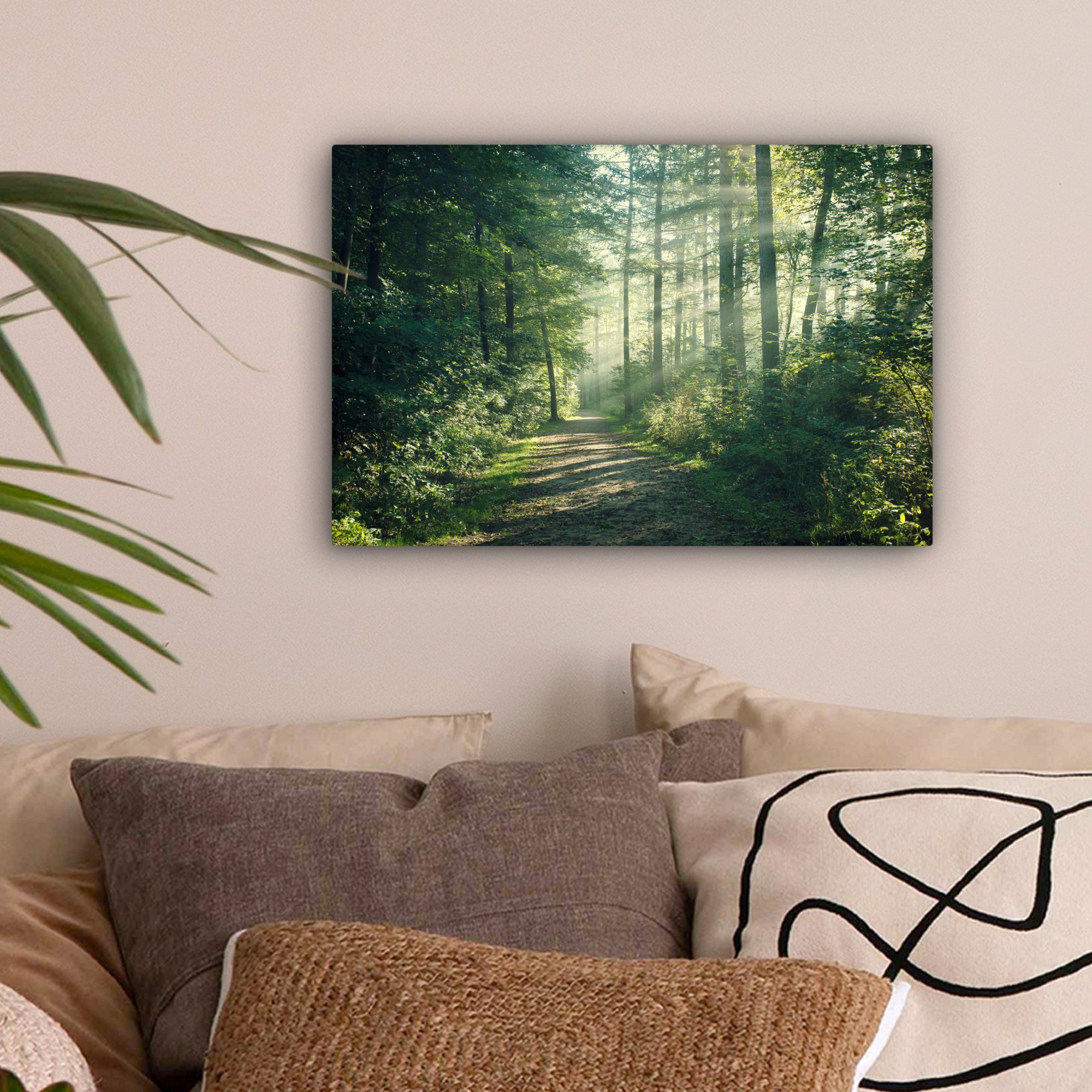 OneMillionCanvasses® Leinwandbild Wald - Weg - Sonne - Bäume - Grün - Natur, Fotodruck (1 St), Leinwand Bilder Klein, Wand Dekoration Aesthetic 30x20 cm