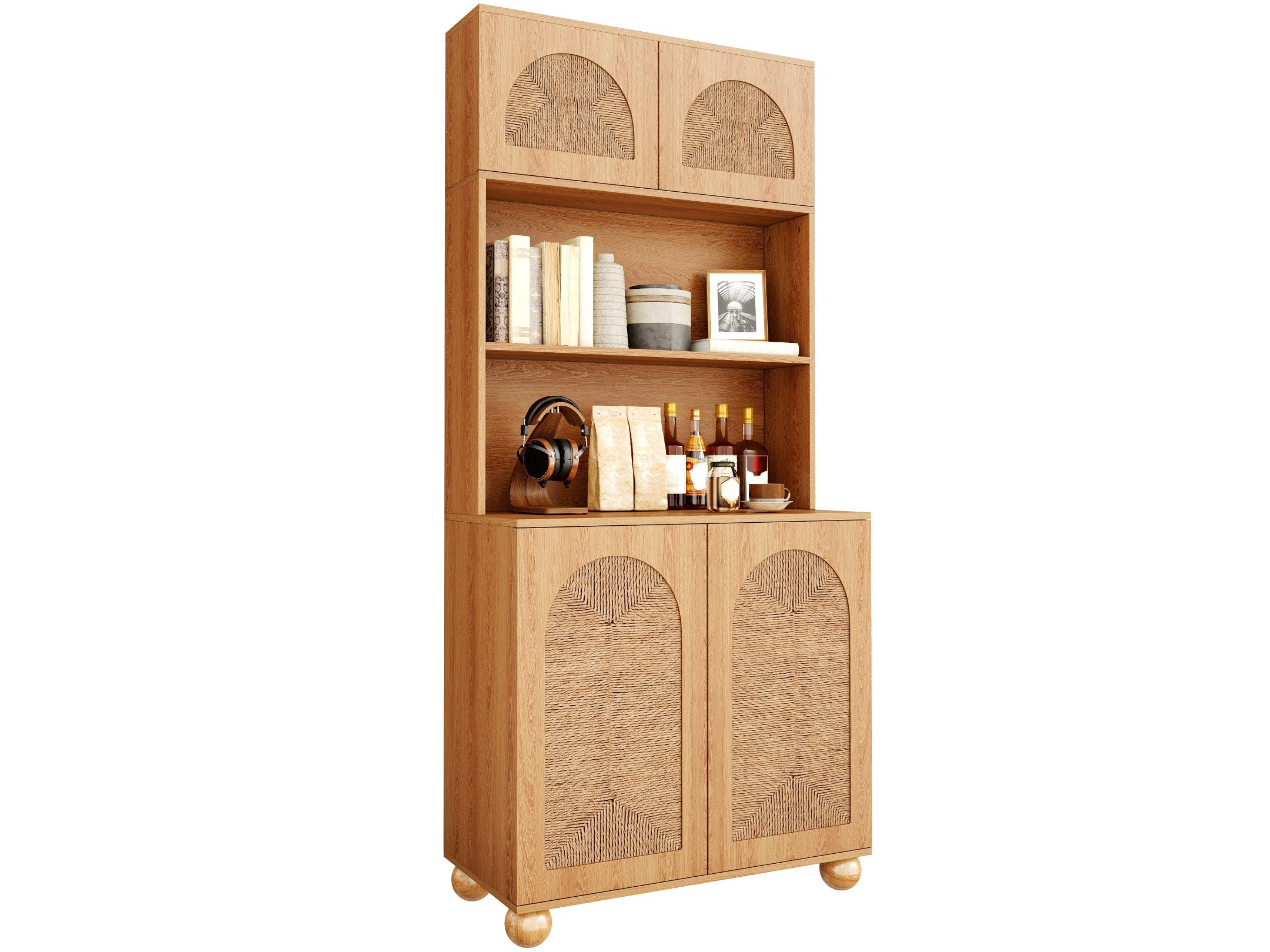 SeedWave Buffet 180 cm hoch mit Geflechtfronten und Drucköffnung (1 Schrank) Hochschrank mit offenen Fächern, verstellbarem Boden und Kugelfüßen