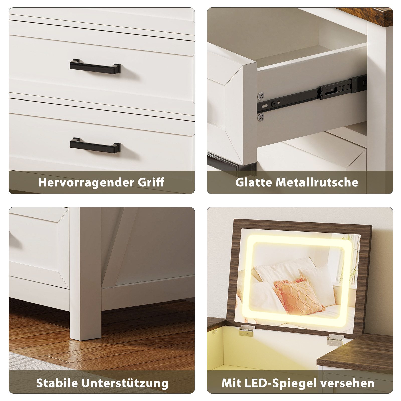 BROTTAR Schubkastenkommode mit 8 Schubladen, Ladestation und umkehrbaren LED - Spiegel, aus hochwertigem MDF - Material, leicht zu montieren, weiß+braun