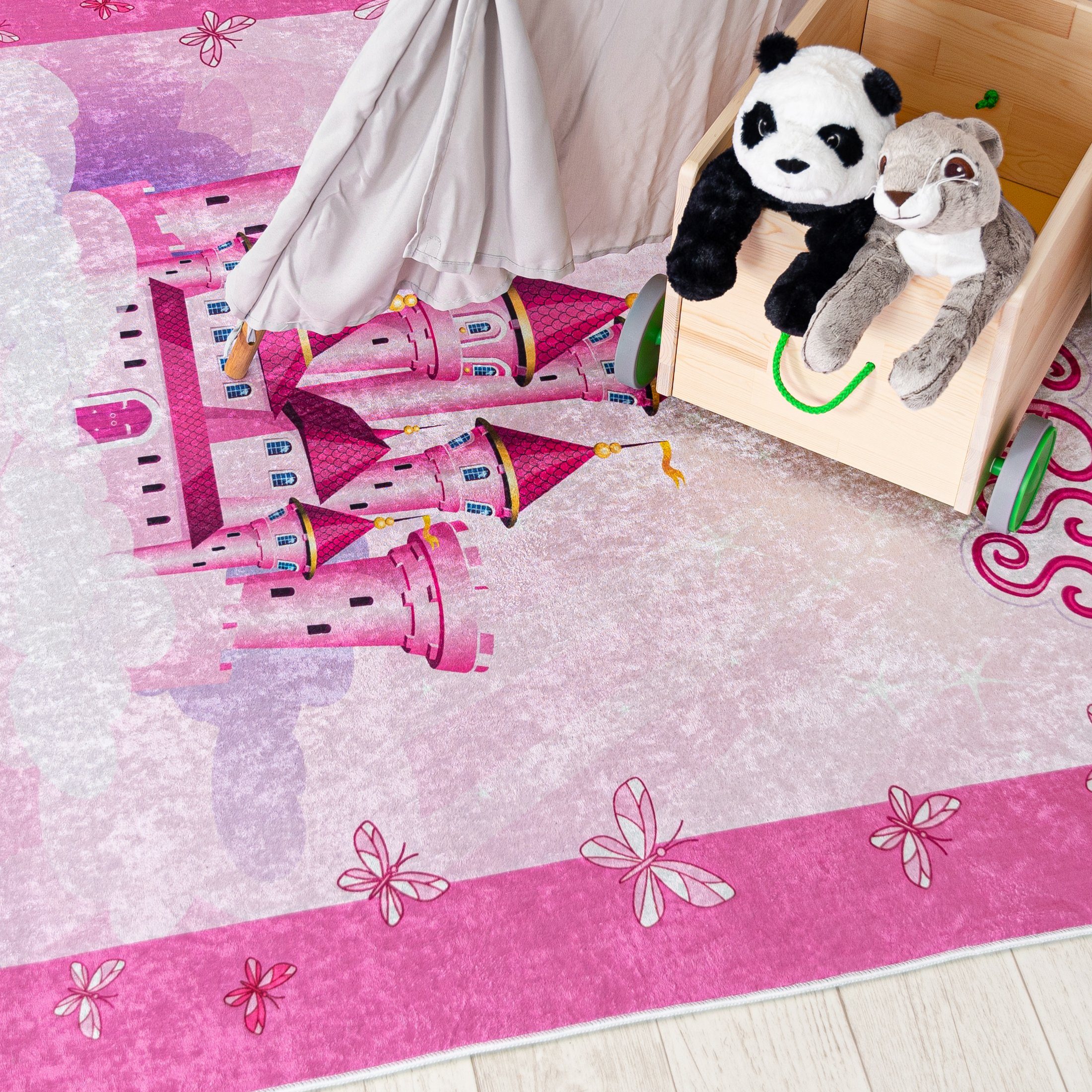 Mazovia Kinderteppich Kinderteppich Kinderzimmerteppich Prinzessin Schloss, 80 x 150 cm, Kurflor, Waschbar in Waschmaschine, Höhe 5 mm, Rutschfest