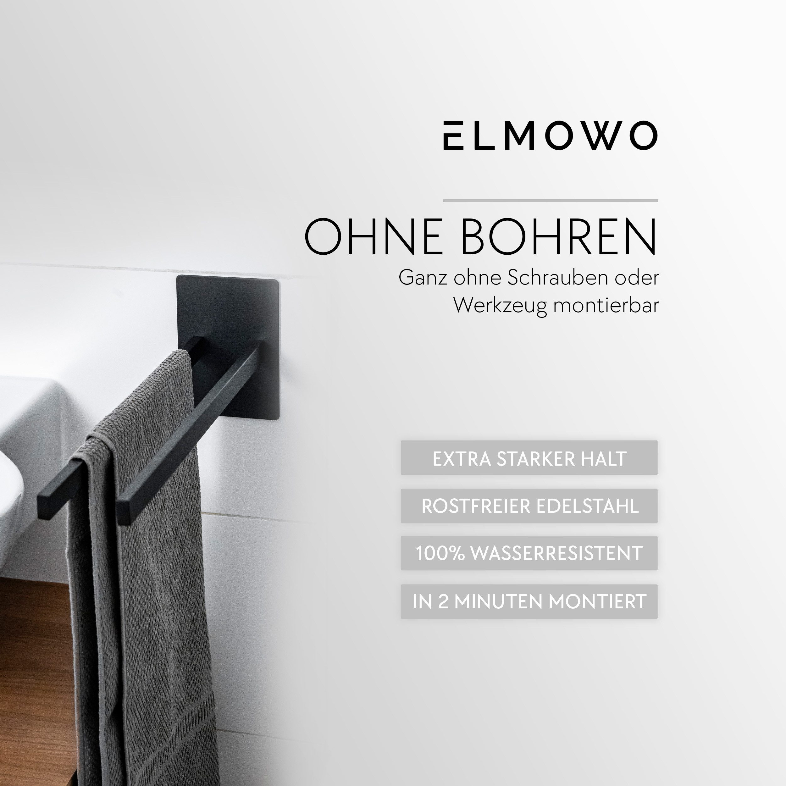 ELMOWO Doppelhandtuchhalter ohne Bohren aus Edelstahl für 2 Handtücher zur Wandmontage, Handtuchhalter zweiarmig mit 3M-Klebefläche & Spezialkleber