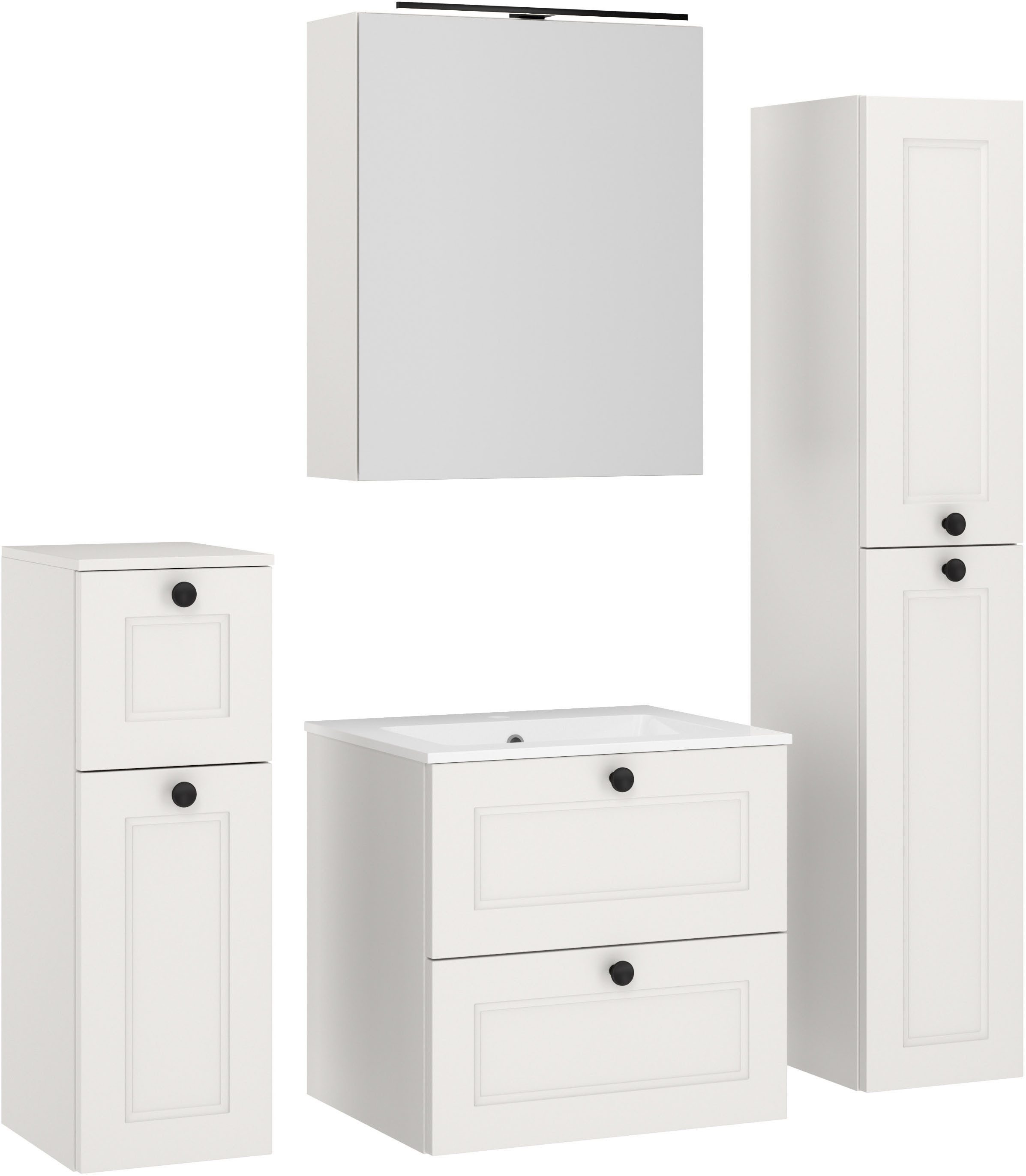 nobilia® Badmöbel-Set Cascada, (Set, 4-St., mit Waschbecken, inkl. Spiegelschrank mit Beleuchtung), vormontiert, mit Soft-Close, in vier Breiten