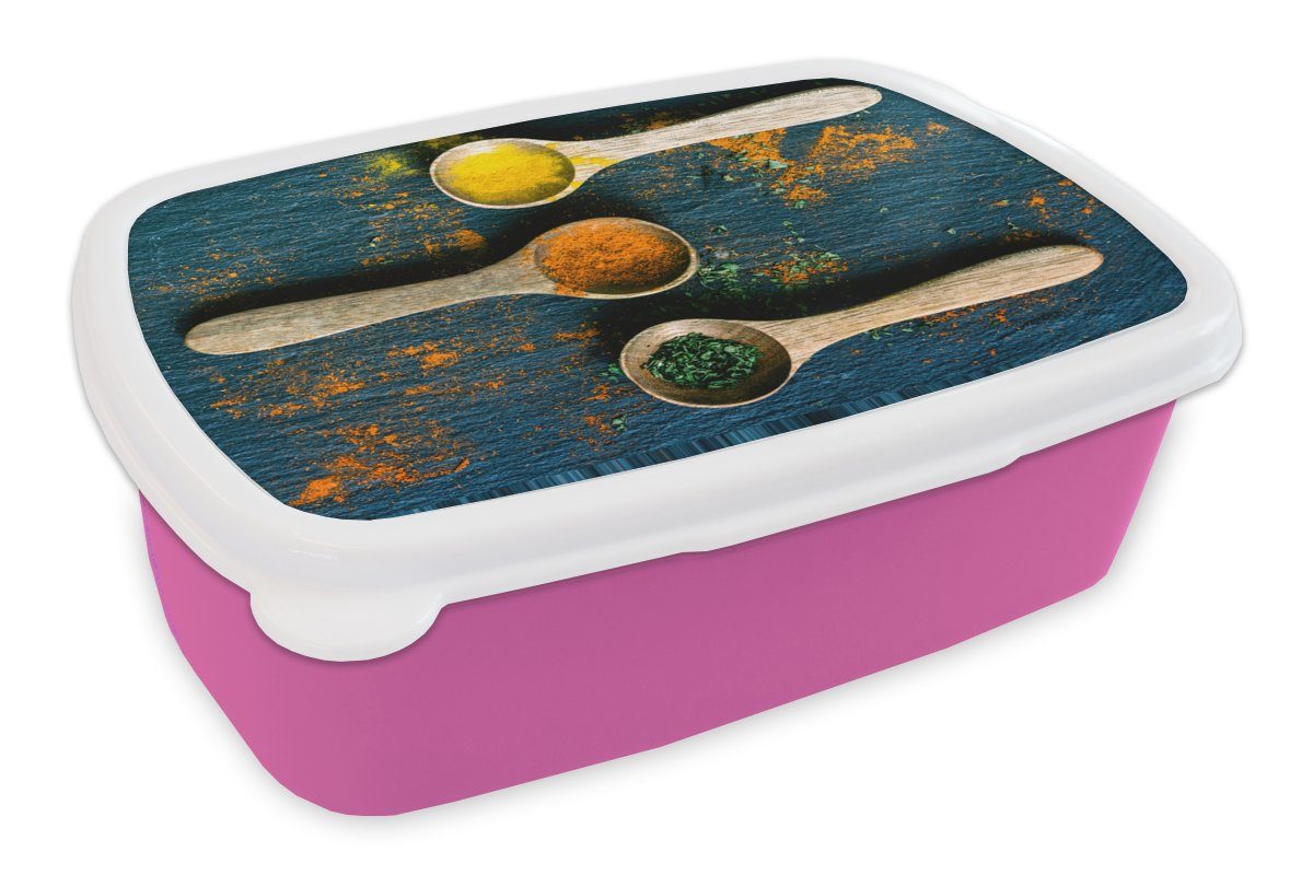 MuchoWow Lunchbox Gewürze - Löffel - Kräuter - Braun - Gelb - Grün, Kunststoff, (2-tlg), Brotbox für Erwachsene, Brotdose Kinder, Snackbox, Mädchen, Kunststoff rosa