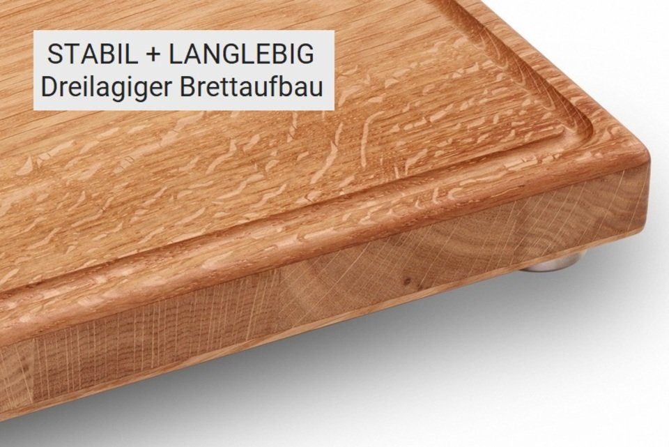 Schneidboard Schneidebrett Schneidboard S+ inkl. Eiche, Langlebig Designschneidebrett 45x29x3,8, und Extrem mit Saftrille Stabil Massivholz mit Halter, aus Halter, MADE IN GERMANY