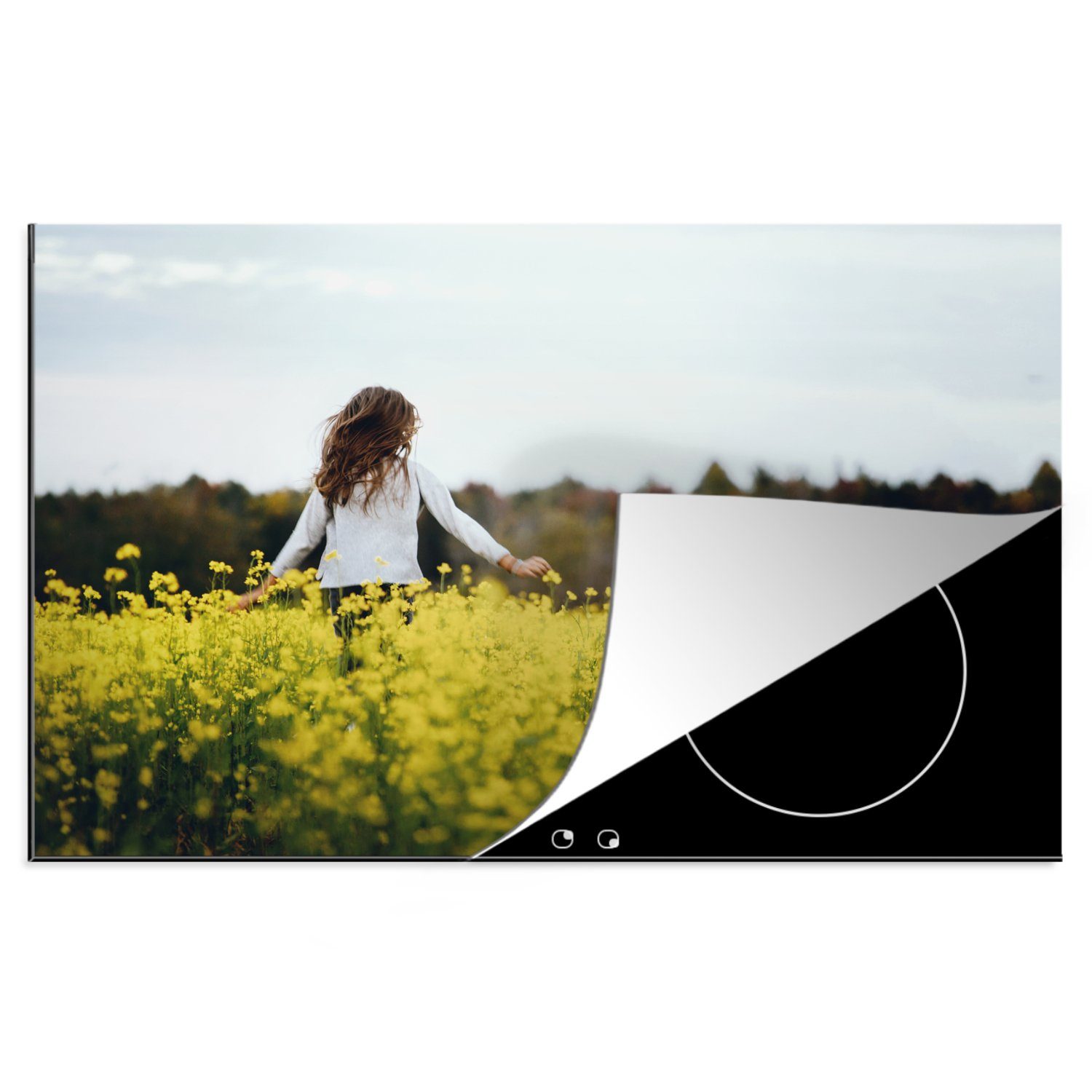 MuchoWow Herdblende-/Abdeckplatte Mädchen läuft durch ein Feld mit gelben Blumen, Vinyl, (1 tlg), 81x52 cm, Induktionskochfeld Schutz für die küche, Ceranfeldabdeckung | Herdabdeckplatten