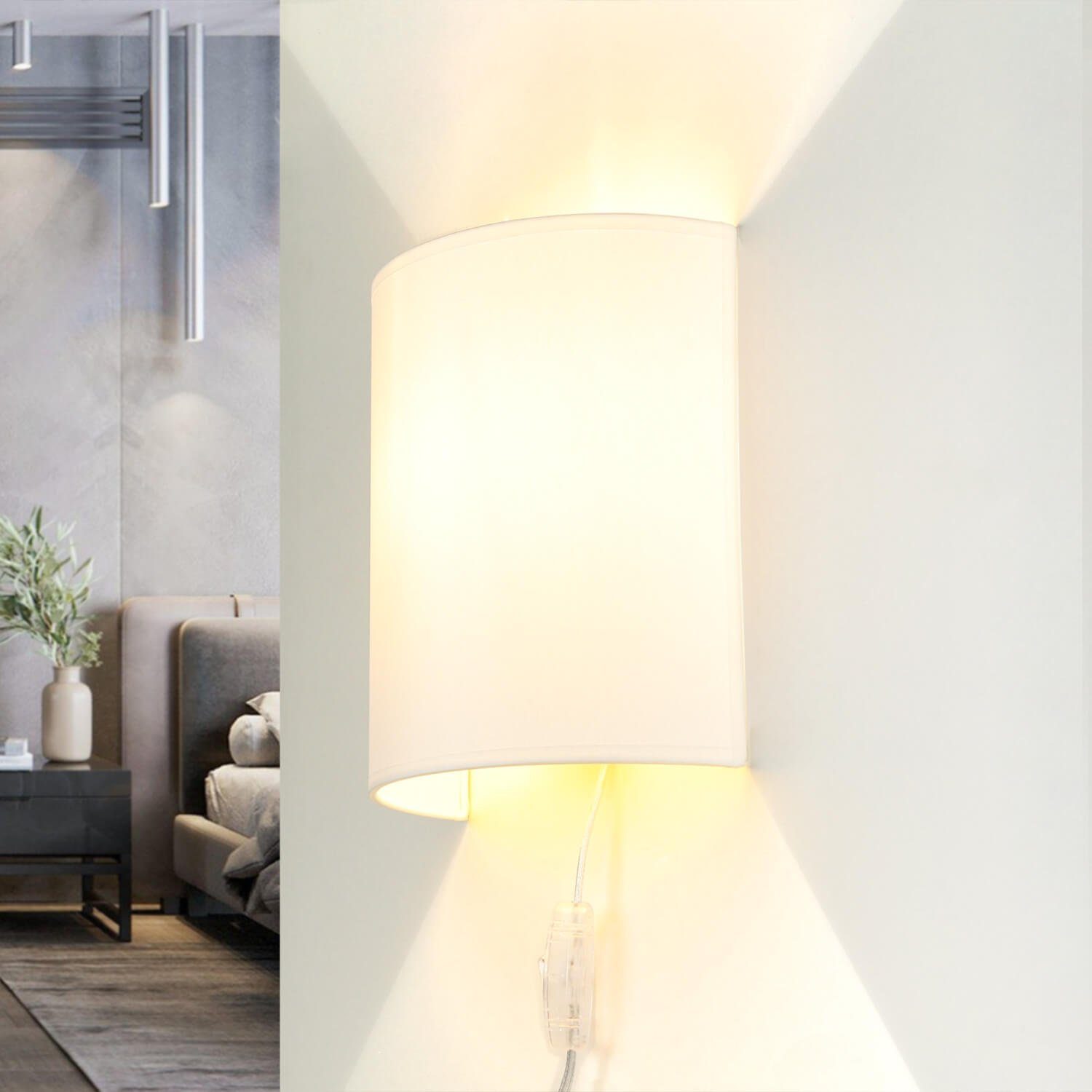 Licht-Erlebnisse Wandleuchte ALICE, ohne Leuchtmittel, Wandlampe mit Schalter Weiß Stoff Loft Design E27 elegant Schlafzimmer