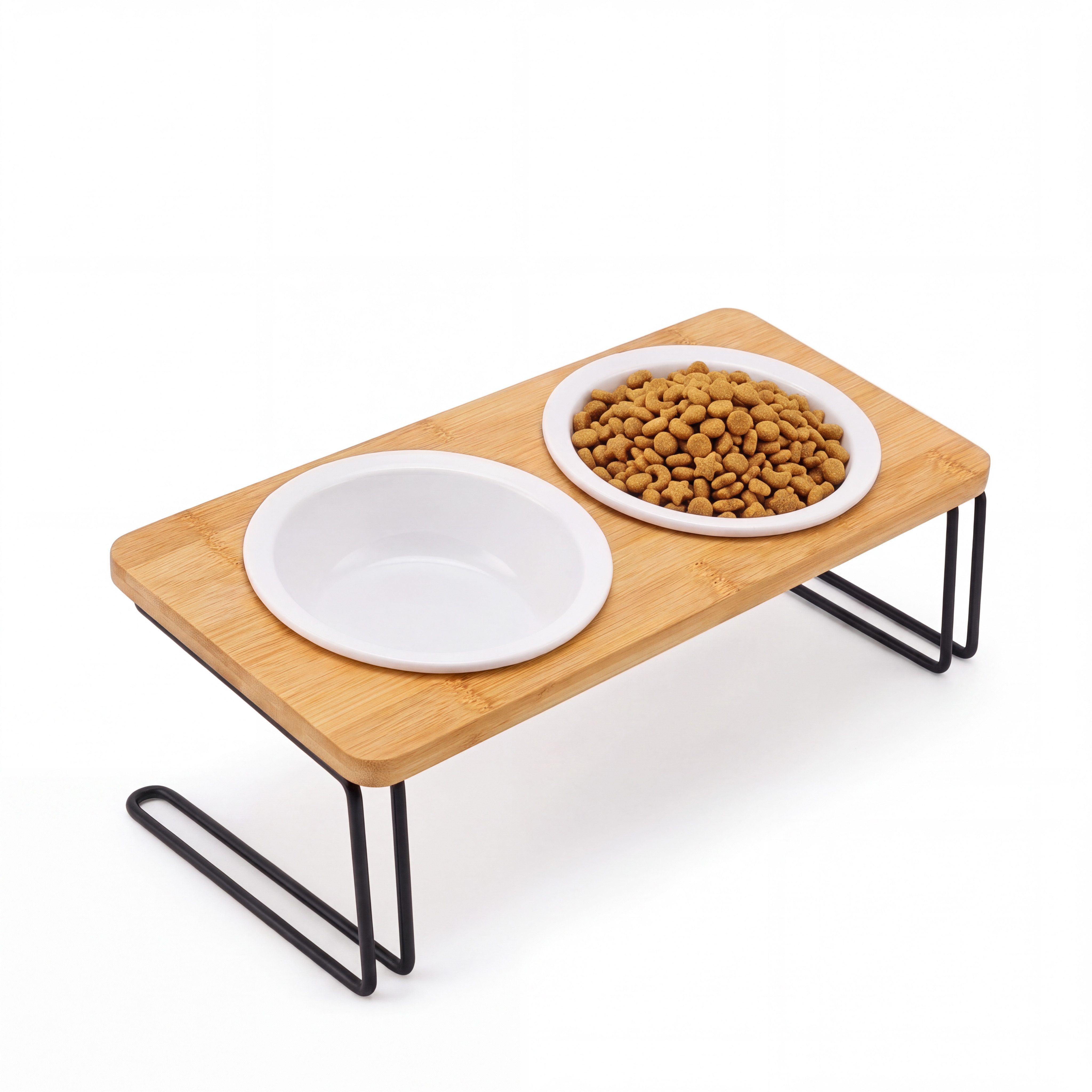 Penelife Futterstation mit 2 Keramik Näpfen und Bambus Ständer - Fressnapf Katzennapf, Keramik, 15 Grad gekipptes Design - Hundenapf Erhöht (12 cm) - Selber aufbauen