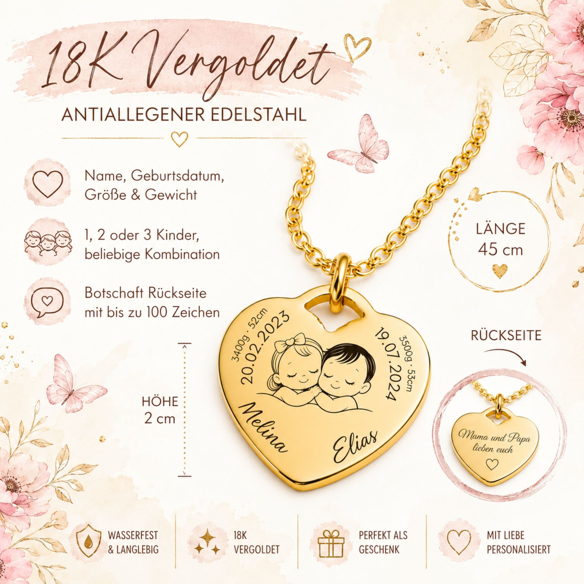 BS Schmuckdesign Kette mit Anhänger mit Gravur Personalisierte Halskette Geburtskette Herzkette Mutter-Kind (inkl. Gravur), personalisierbar inkl. Geschenkbox – Bild 2 von 5