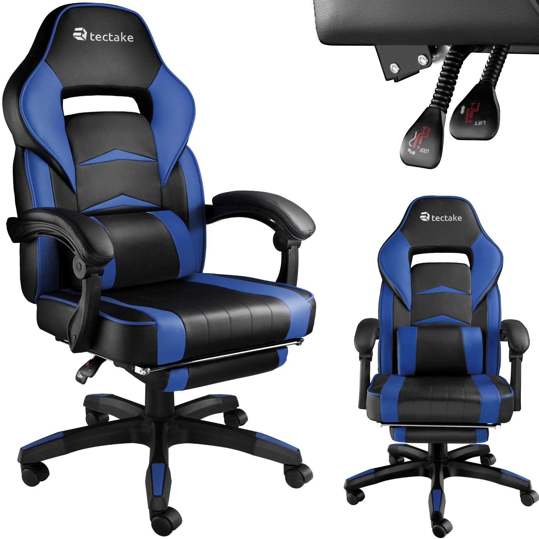 tectake Comodo (1er, schwarz/blau 1 Fußstütze St), Gaming-Stuhl