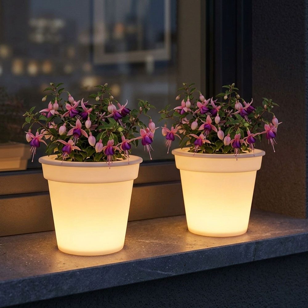 etc-shop Gartenleuchte, LED-Leuchtmittel fest verbaut, 2er Set LED Solar Leuchten Blumen Töpfe Außen Beleuchtungen