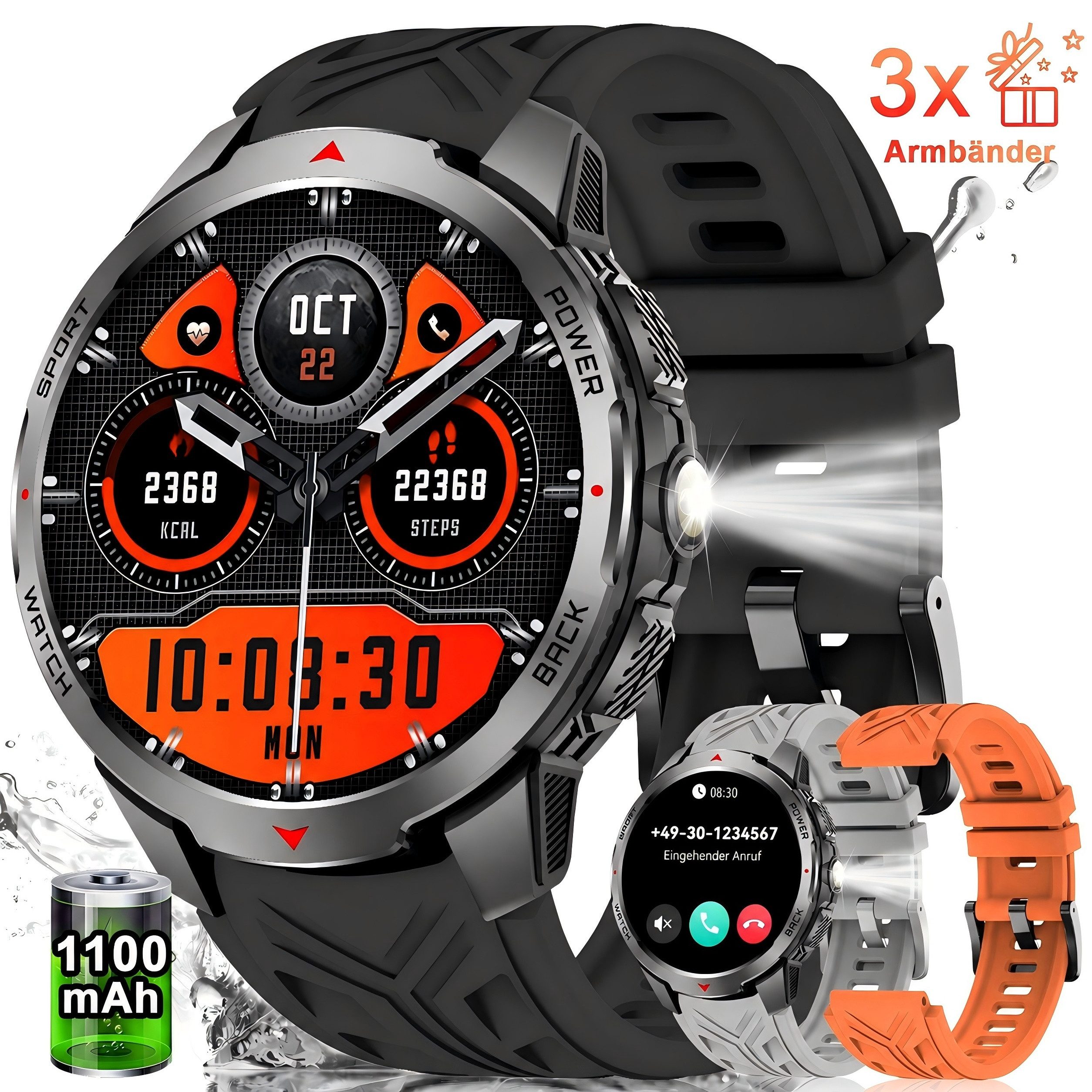 SWGOTA 2026 Smartwatch Herren Militär Fitnessuhr Herren mit 100+ Sportmodi Smartwatch (1,7 Zoll), 1100mAh Sportuhr Herren mit 3 Armbändern, Herzfrequenz & Blutdruck-, SpO2-/Schlafüberwachung,Schrittzähler,Kompass,Taschenlampe,IP68
