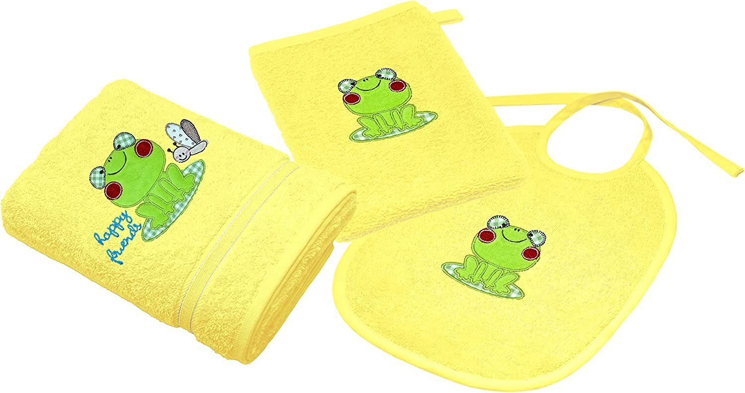 aus Baumwolle Gelbes mit Handtuch (Set, u. Babylätzchen Lashuma Waschlappen Neugeborenen-Geschenkset 100% 3-tlg) Frosch