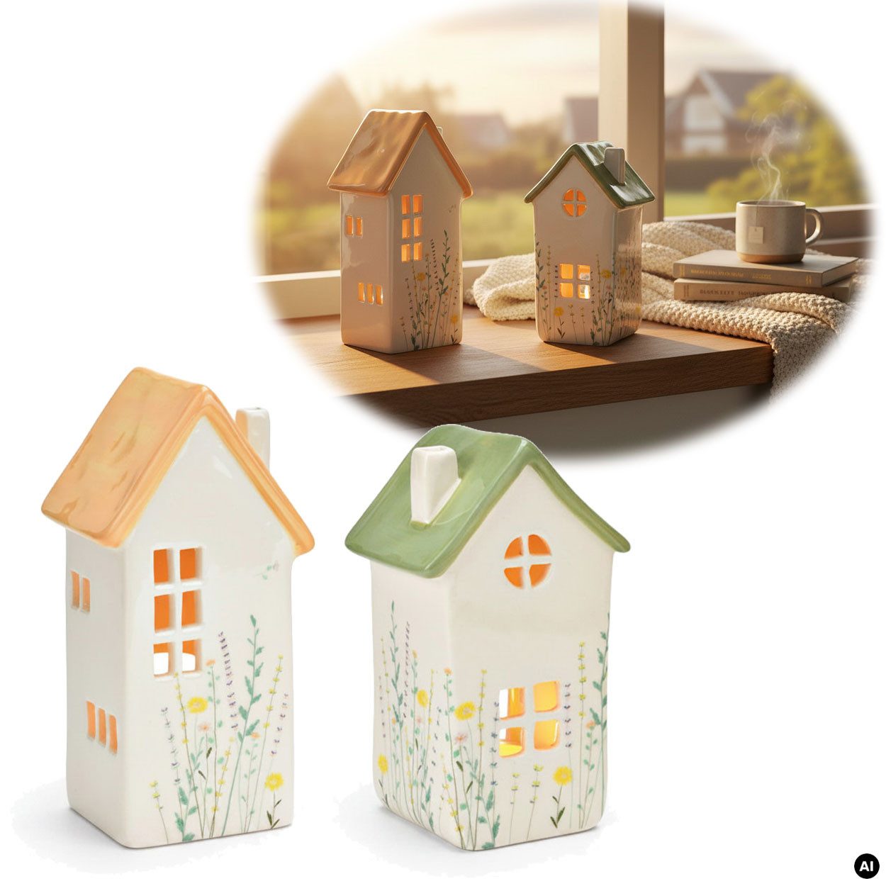 LS-LebenStil Teelichthalter Teelichthaus Lichterhaus Nyhavn 16cm Set Grün Keramik Fachwerkhaus Tee (Dänisches Lichterhaus Windlichthalter Teelichtständer Kerzenständer, 1 St., Lichterhäuschen Windlicht für Teelichter Wohnzimmer Garten Balkon), Deko Hochzeit Ostern Weihnachten Konfirmation