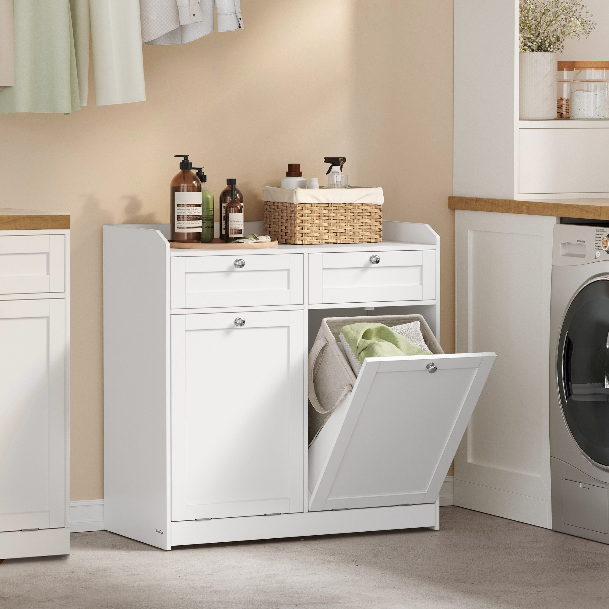 VASAGLE Badkommode Badschrank Wäscheschrank Badezimmerschrank, mit 2 Schubladen und 2 Wäscheboxen