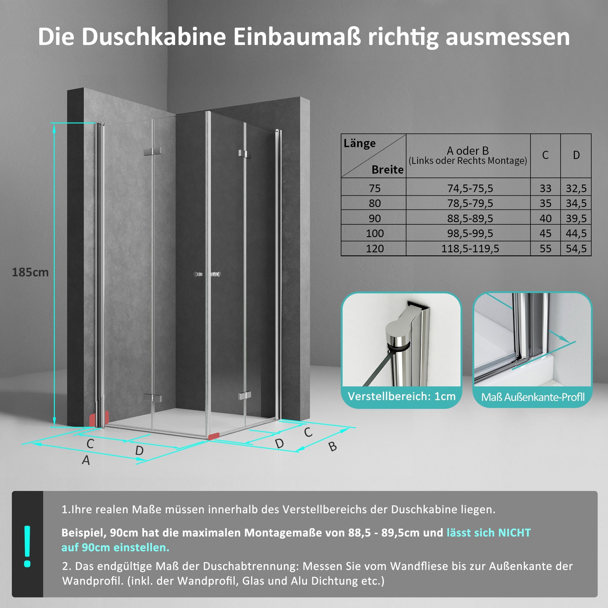 Boromal Eckdusche Duschkabine 90x90 75x90 100x100 80x100 Eckeinstieg 180° Falttür H:185, BxT: 75x75 cm, 5mm ESG, Drehtür, Pendeltür, Schiebetür, öffnet sich nac – Bild 4 von 5
