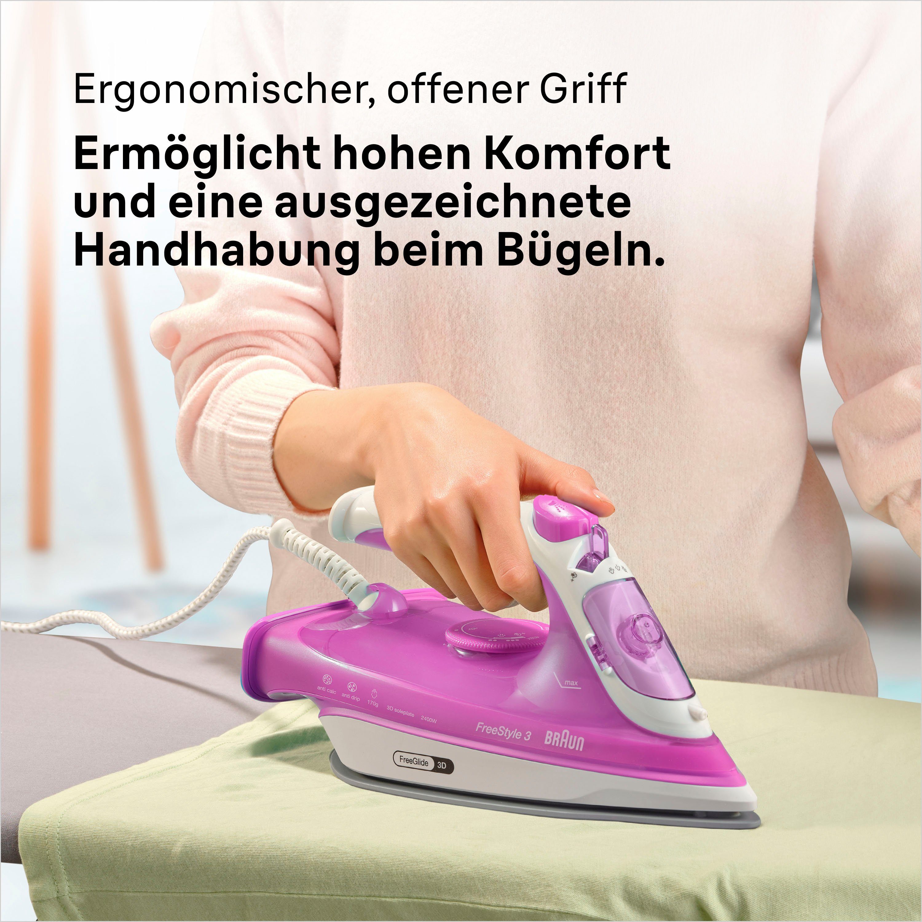 Braun Dampfbügeleisen FreeStyle 3 FI 3124 PU - 2.400 W, 170 g Dampfstoß, 270 ml Wassertank, 2400 W, 45 g Dampfmenge, SuperCeramic Bügelsohle, 35 Sek. Aufheizzei – Bild 4 von 5